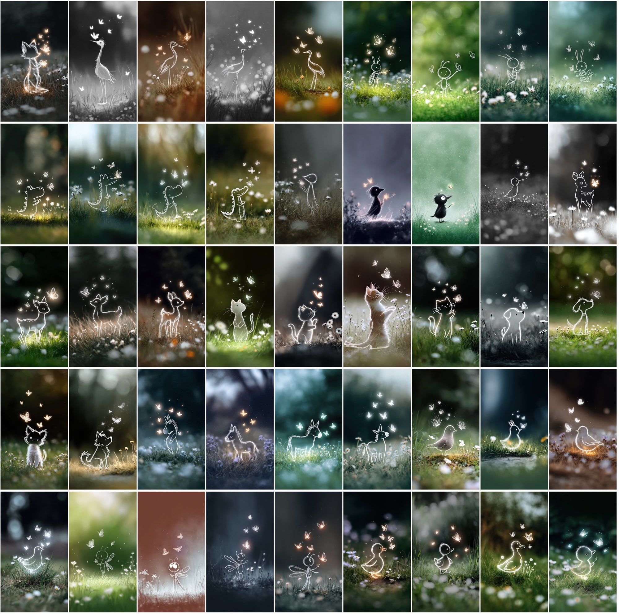 610 Glowing Outline Animal Illustrations – Cute Minimalist Kids Art with Commercial License
