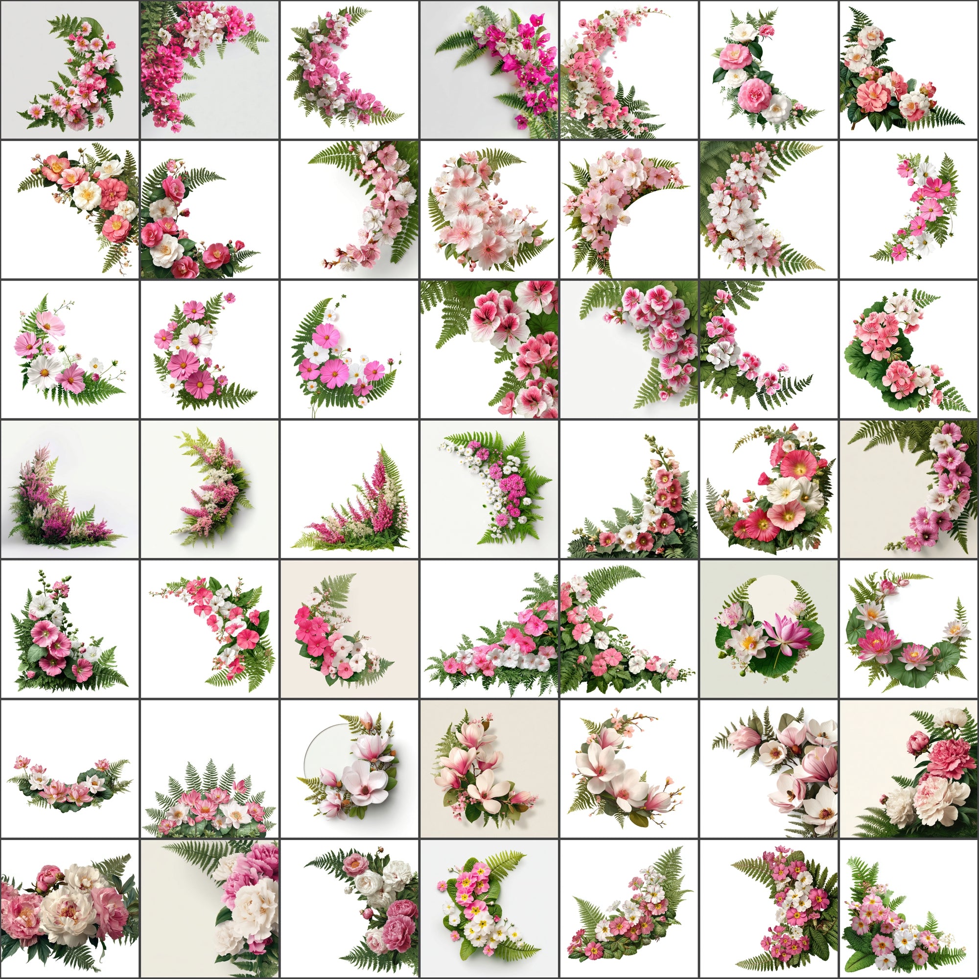 520 Floral Images Bundle | Flower Semicircle Arrangements with Ferns