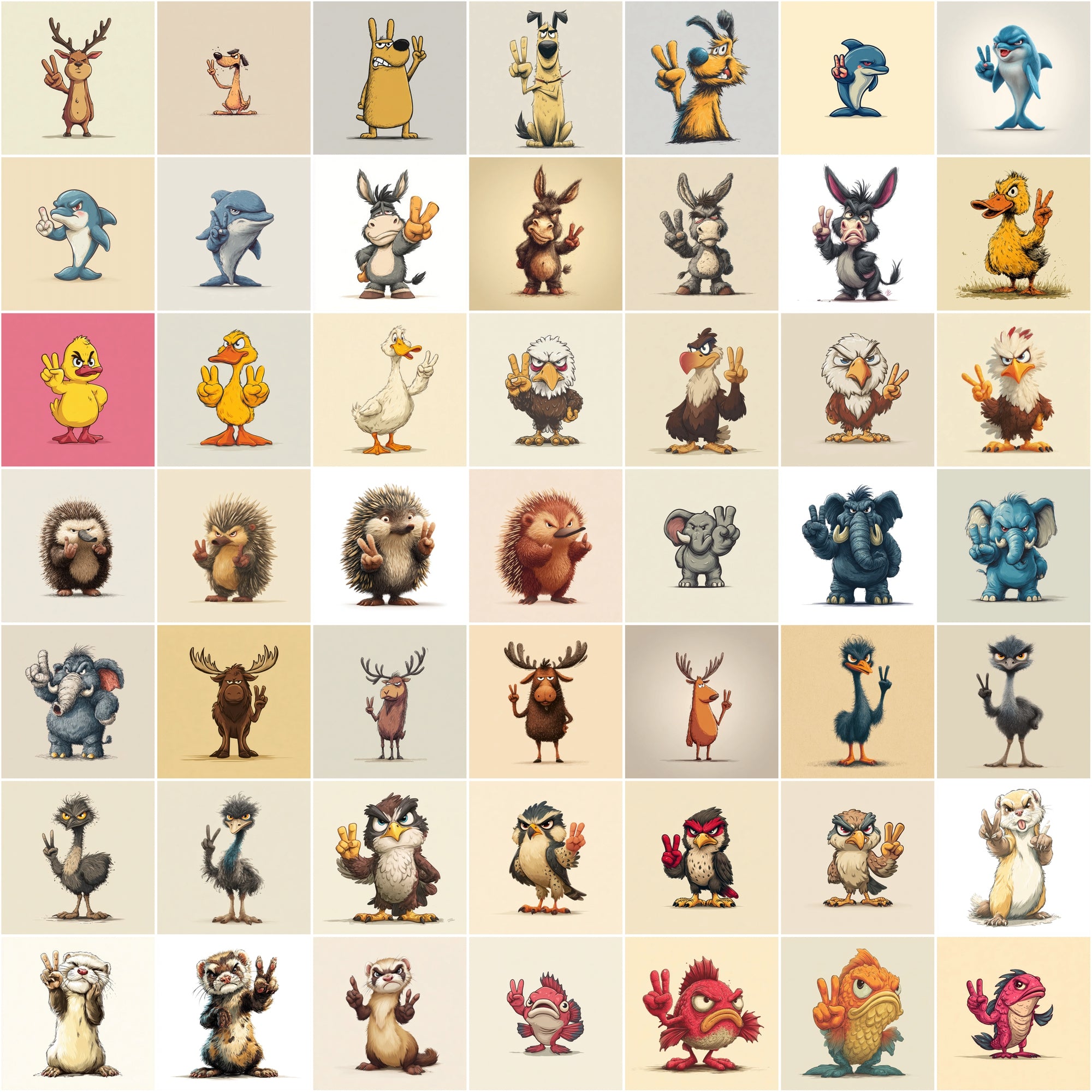 585 Peace Sign Animal Illustrations | Cute Cartoon Animals Bundle