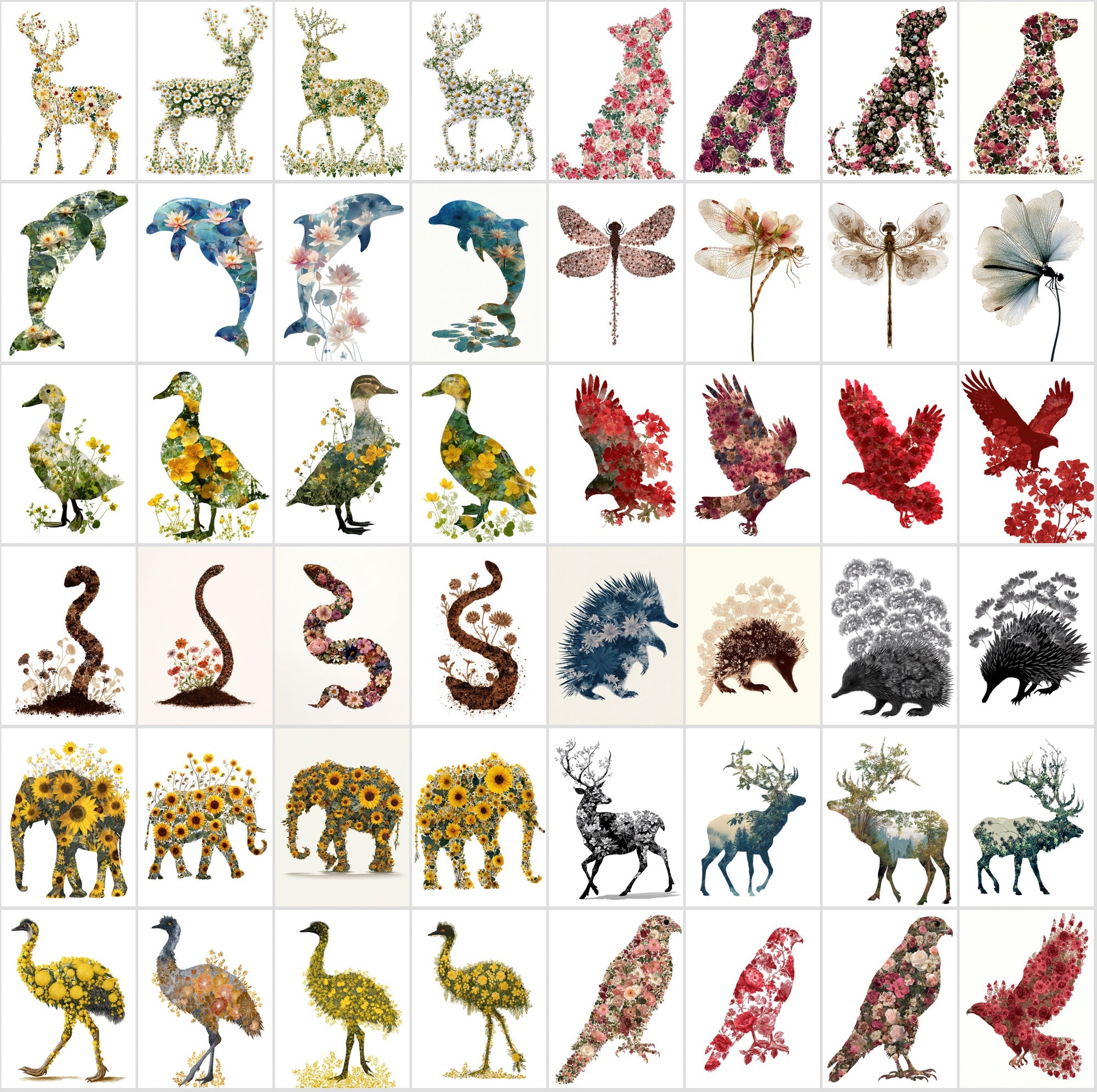 610 Floral Animal Silhouette Images – Vintage Flower Art, Commercial License