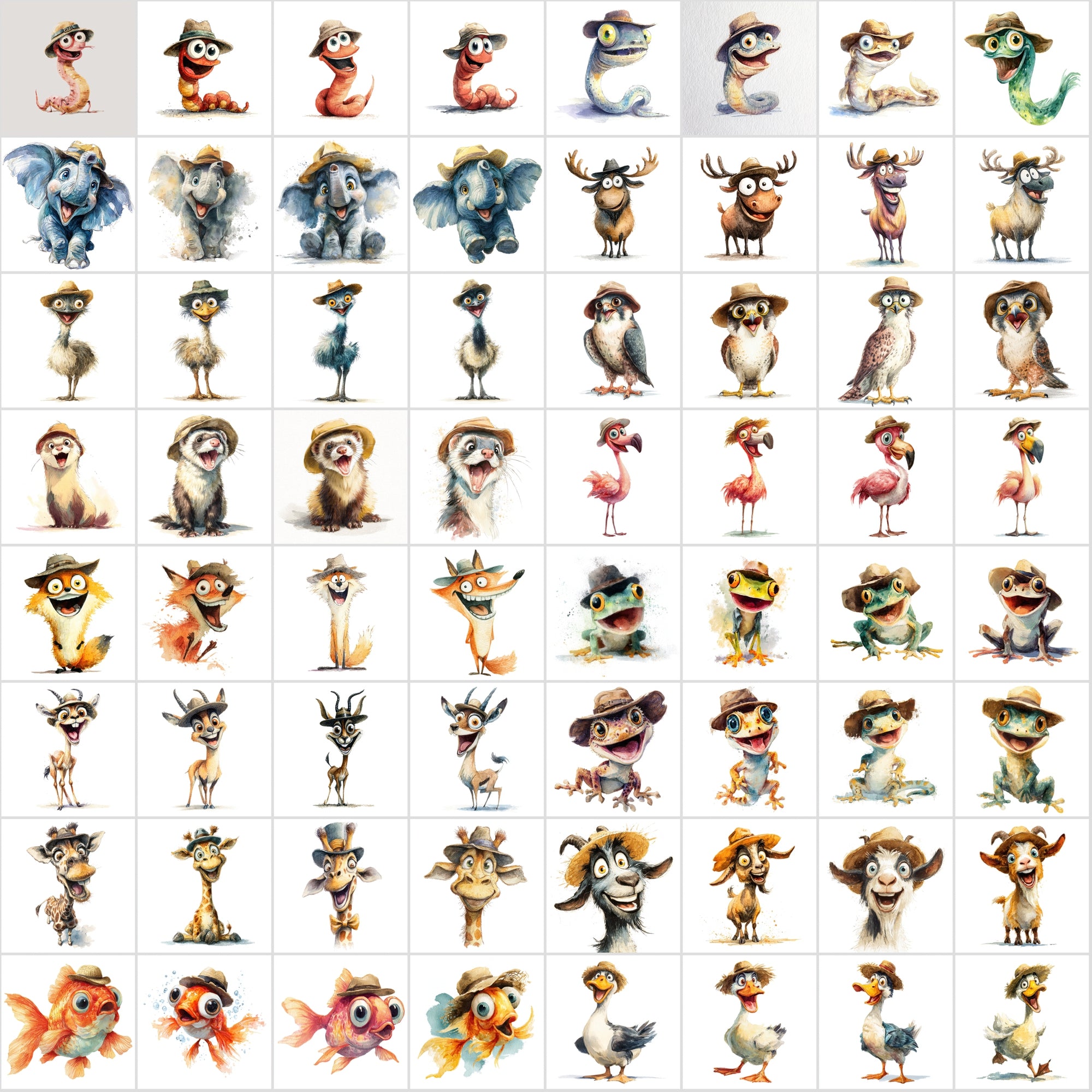 610 Funny Animals with Hats – Cartoon Watercolor Animal Clipart Bundle