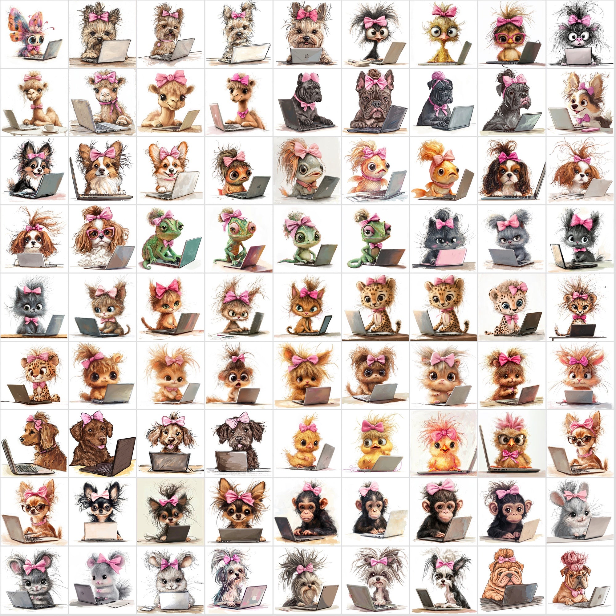 1150 Funny Hairy Animals with Pink Bows Working on Laptops