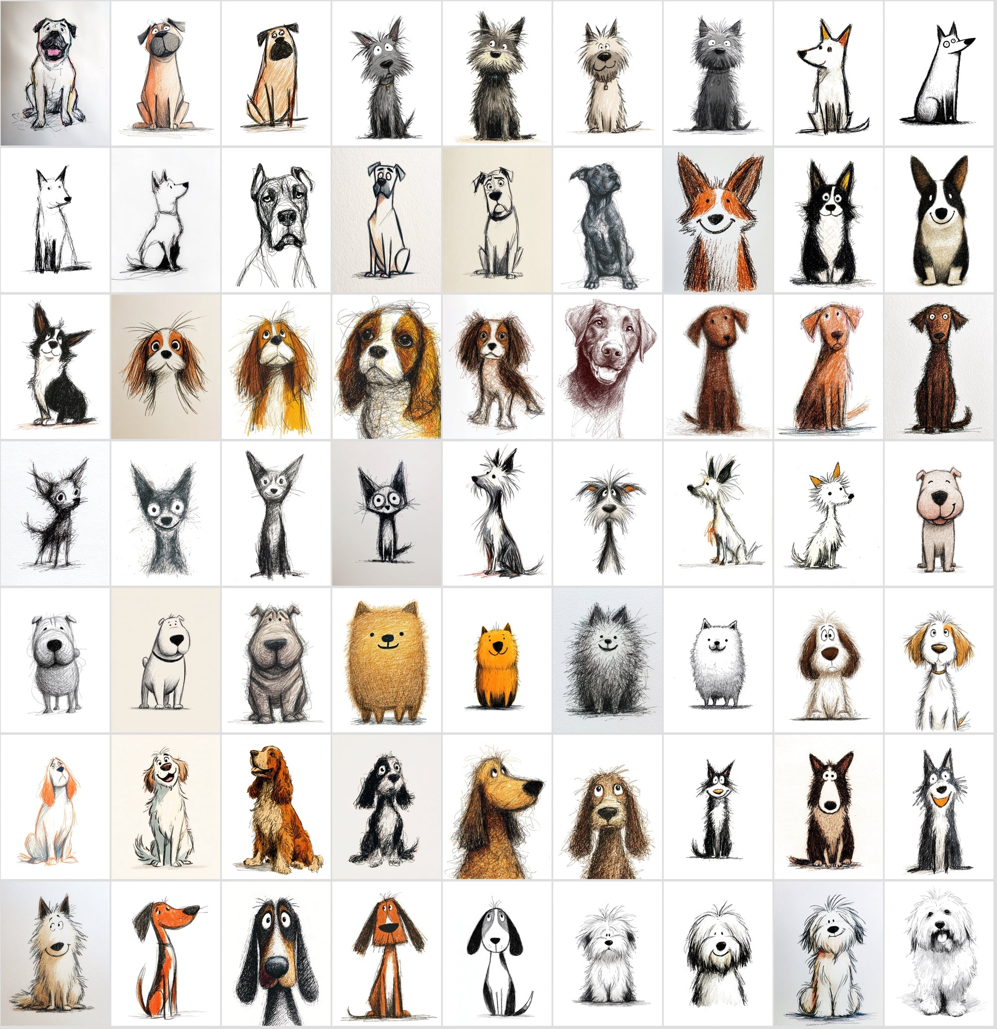 740 Dog Breed Doodle Illustrations – Quirky Sketch Clipart Bundle, Commercial License