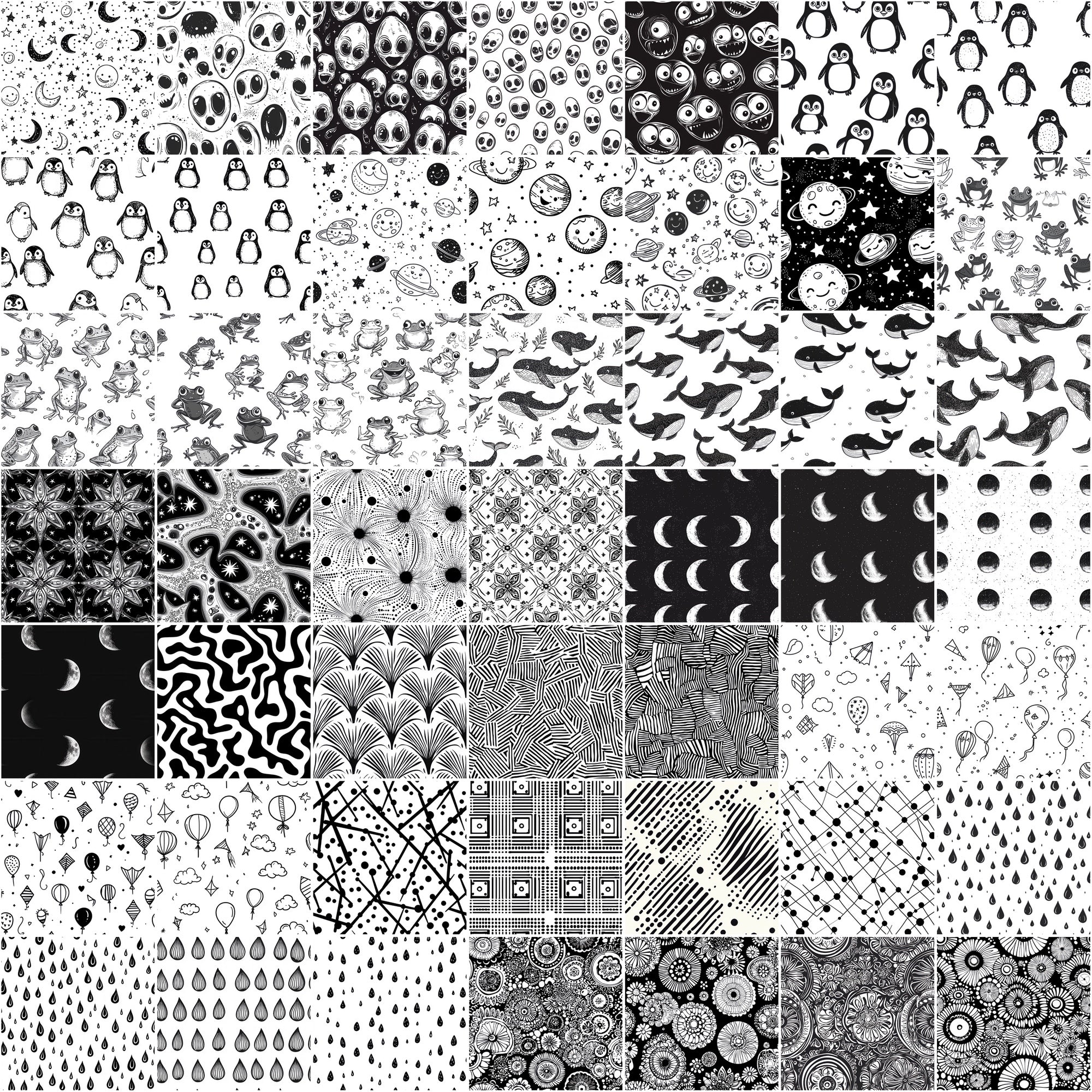 555 Black & White Seamless Patterns | Hand-Drawn Doodles, Geometric & Cute Designs