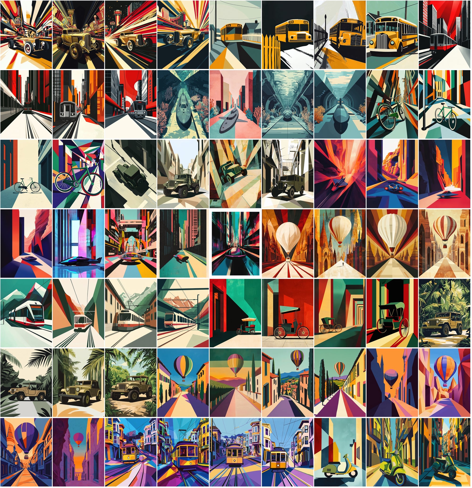 555 Bauhaus Vehicle Illustrations Bundle | City Transport Art | Geometric Digital Wall Art