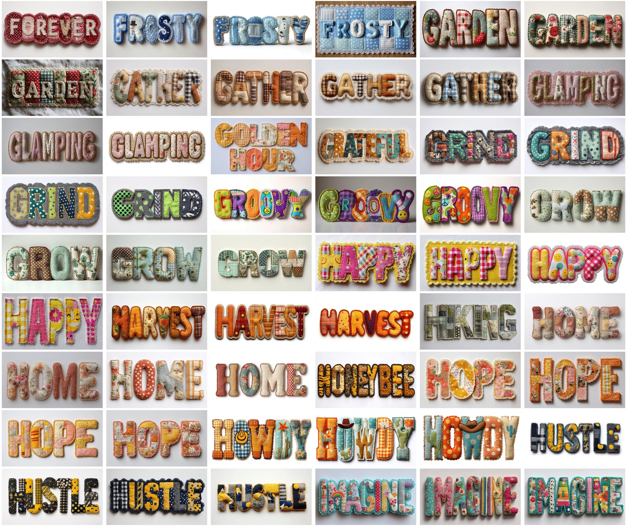 420 Fabric Patchwork Word Art Images | Retro Bubble Font Quilt Applique