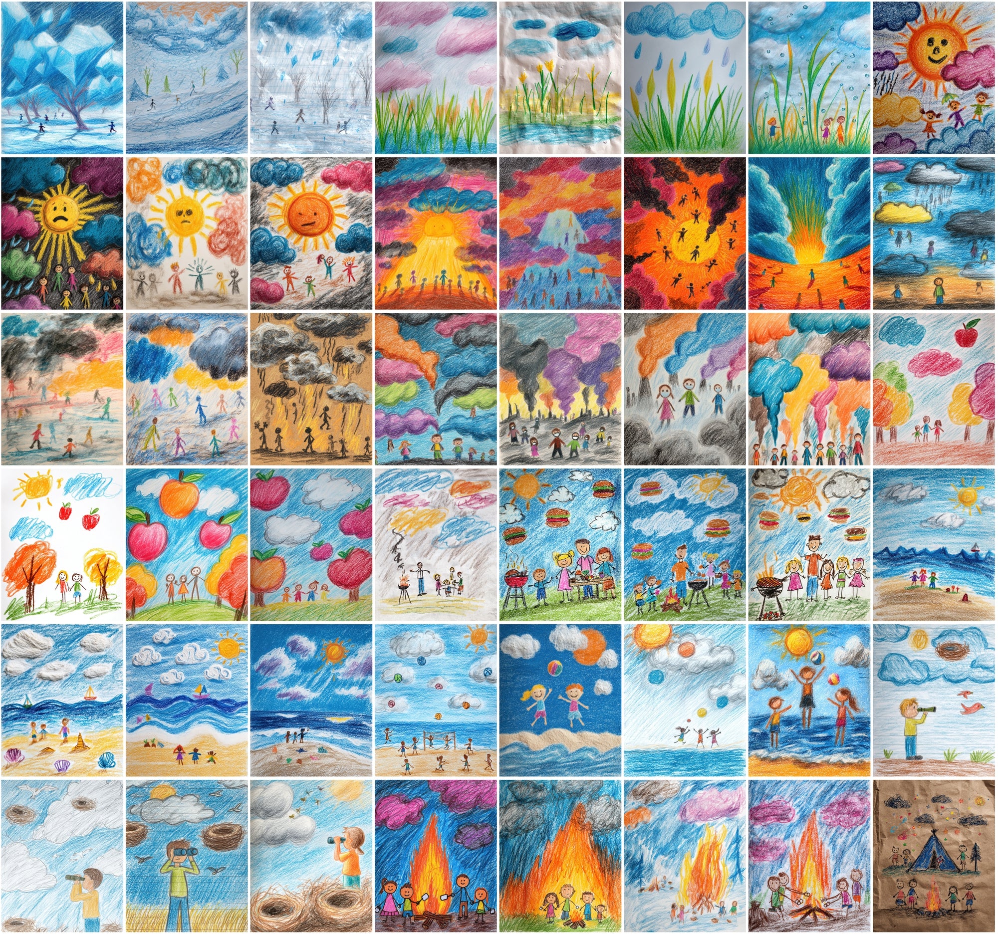 560 Kids Crayon Drawing Illustrations – Whimsical Weather-Themed JPG Art with Commercial License