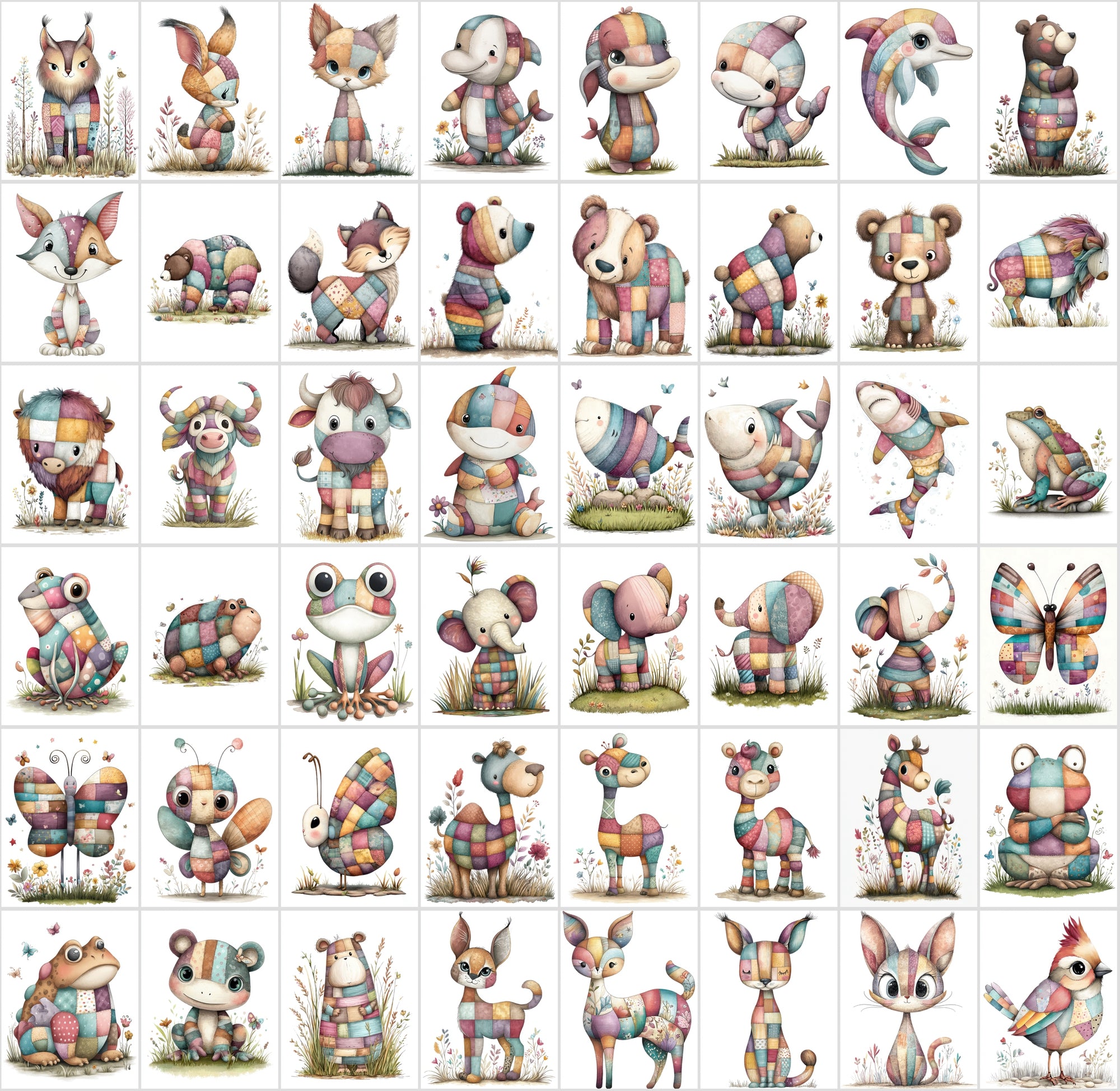 1090 Patchwork Animal Clipart Bundle – Cute Kids Book Style Animals