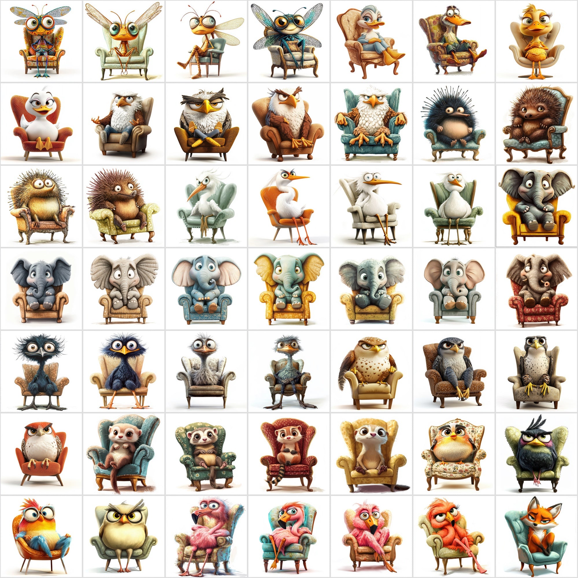 600 Fun Animal Illustrations Sitting on Armchairs