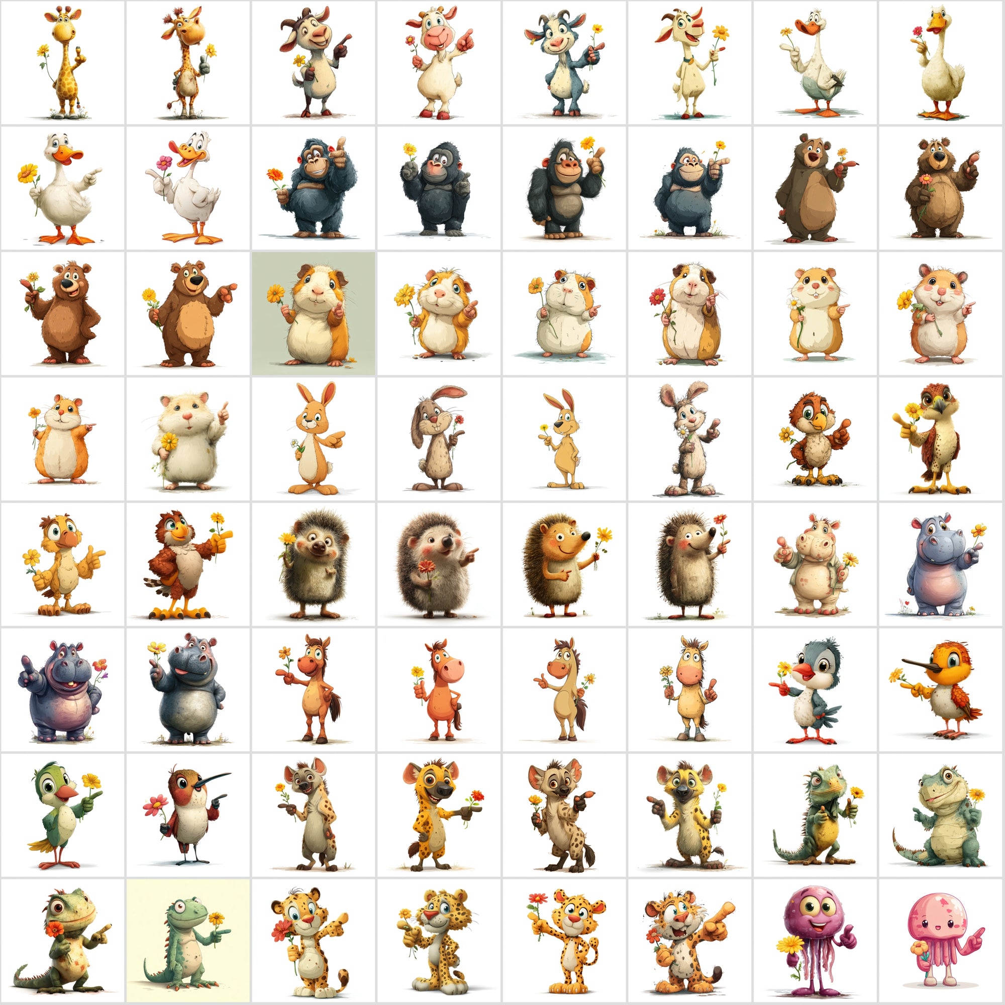 590 Cute Animals Holding Flowers | Cartoon Animal Clipart
