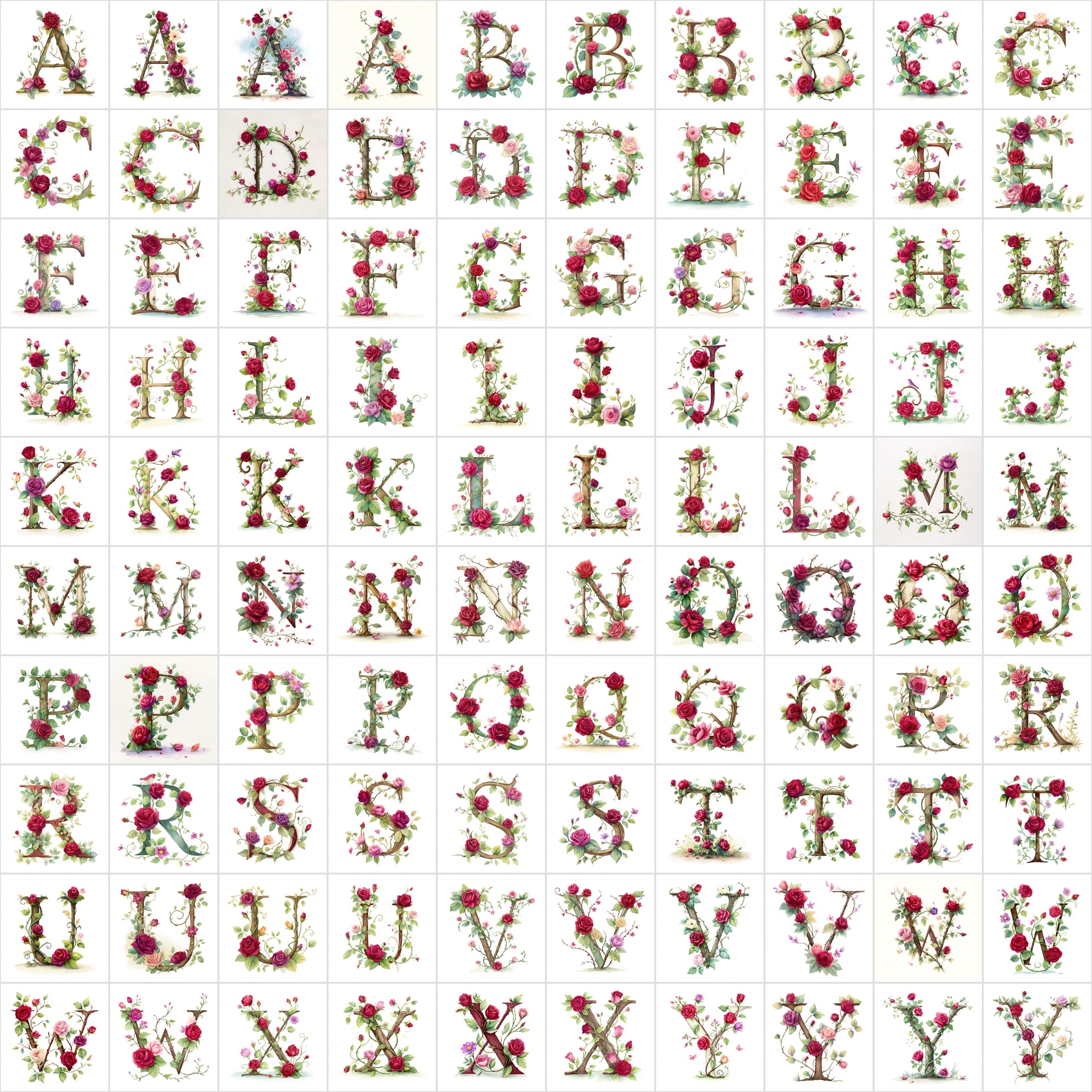 1040 Watercolor Floral Letters – Nature-Inspired Alphabet Clipart