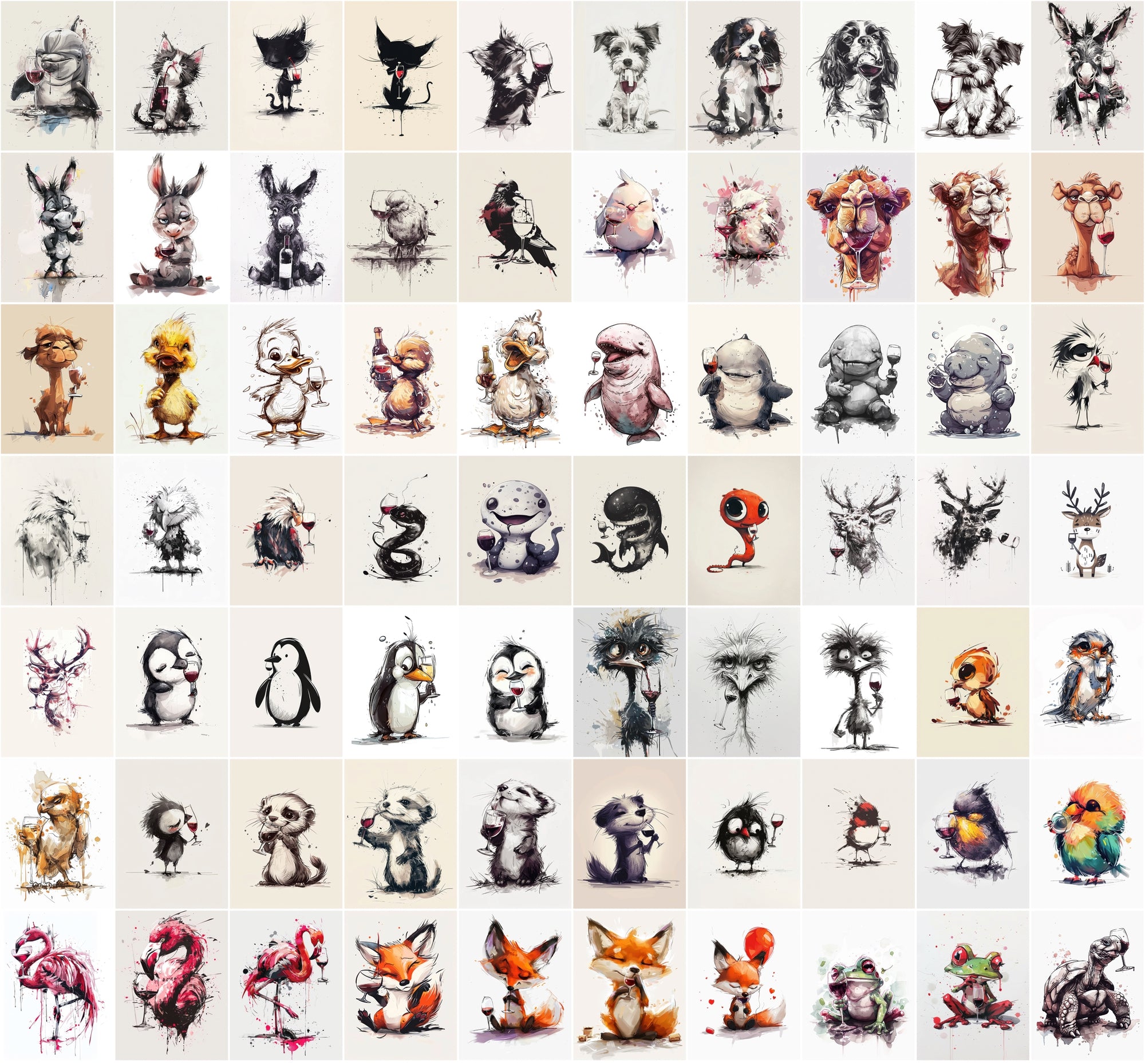 980 Unique Animal Wine Art Images | Commercial Use | Perfect for Postcards & Party Decor