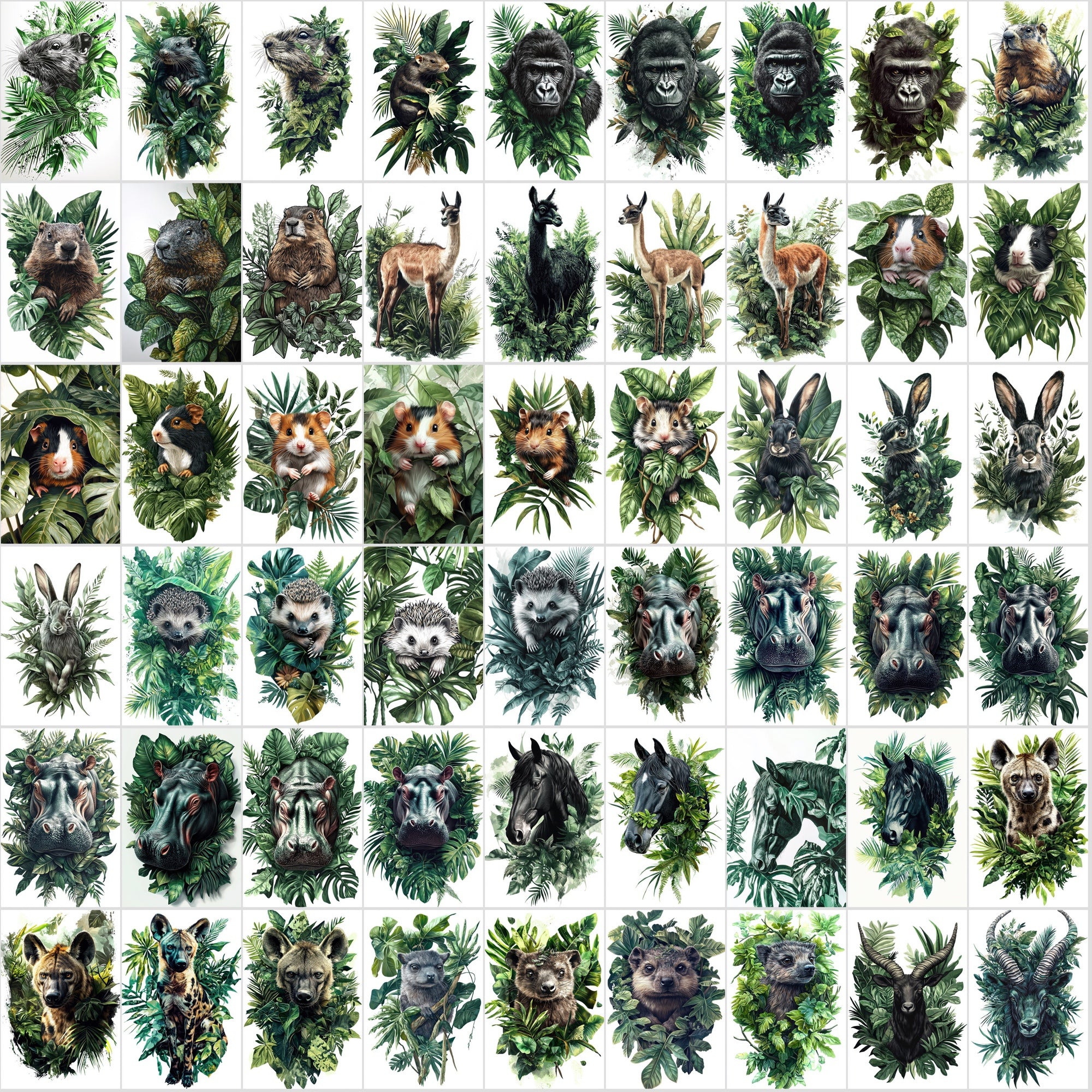 580 Animal Illustrations with Green Foliage