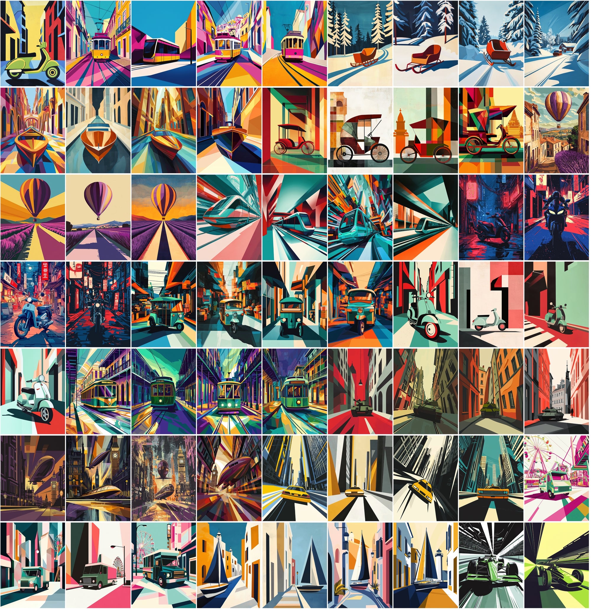 555 Bauhaus Vehicle Illustrations Bundle | City Transport Art | Geometric Digital Wall Art