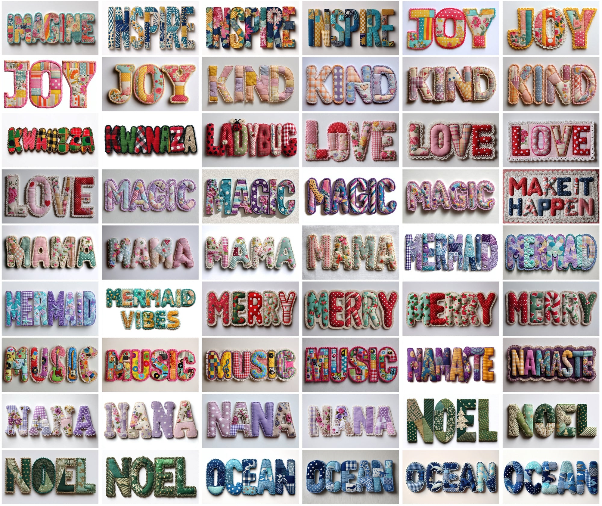 420 Fabric Patchwork Word Art Images | Retro Bubble Font Quilt Applique