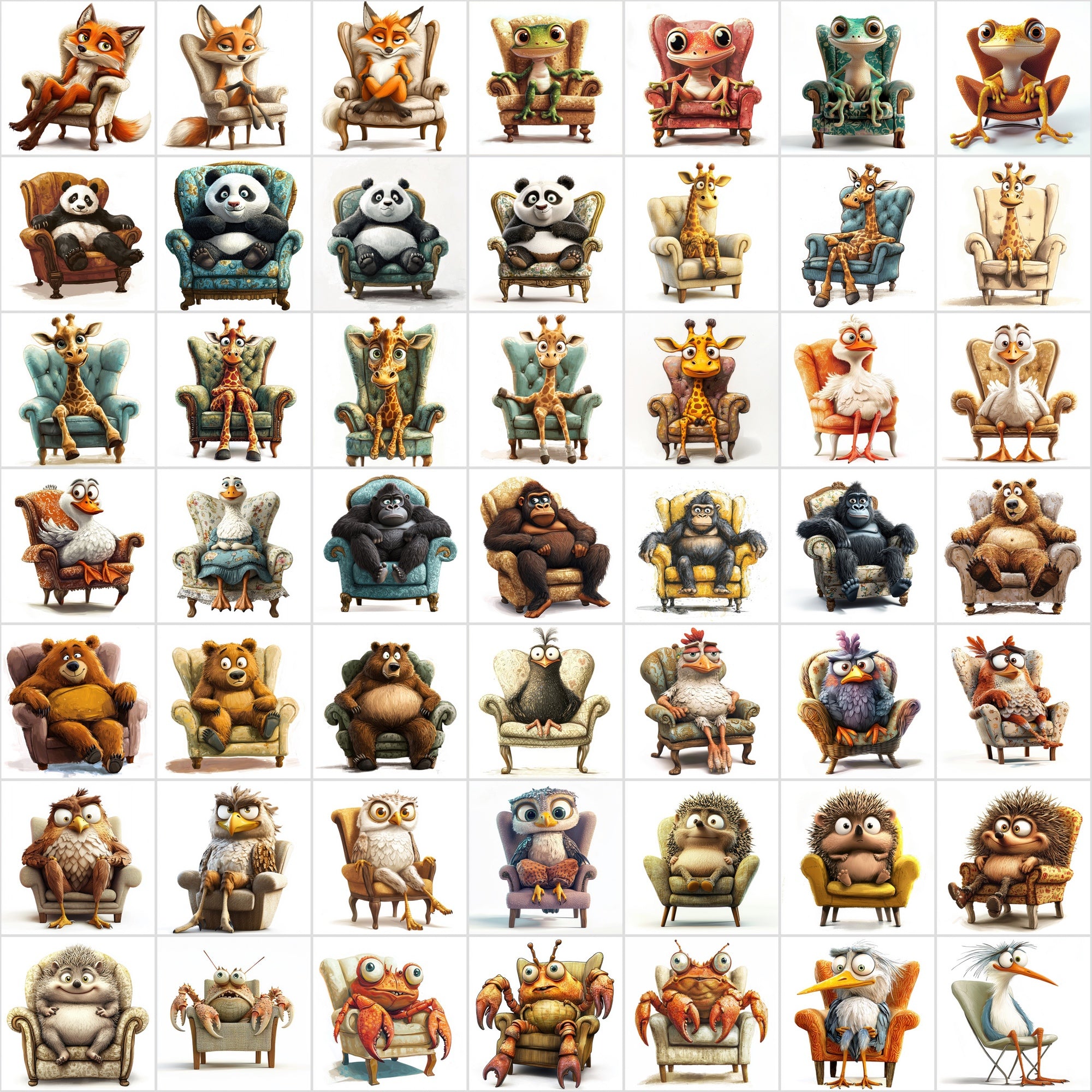 600 Fun Animal Illustrations Sitting on Armchairs