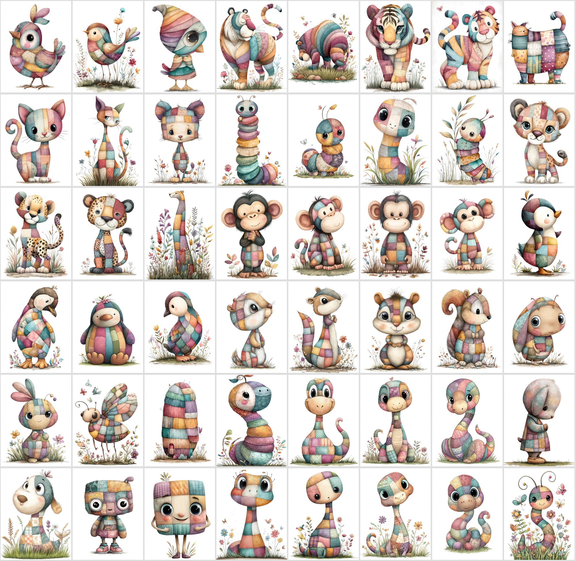 1090 Patchwork Animal Clipart Bundle – Cute Kids Book Style Animals