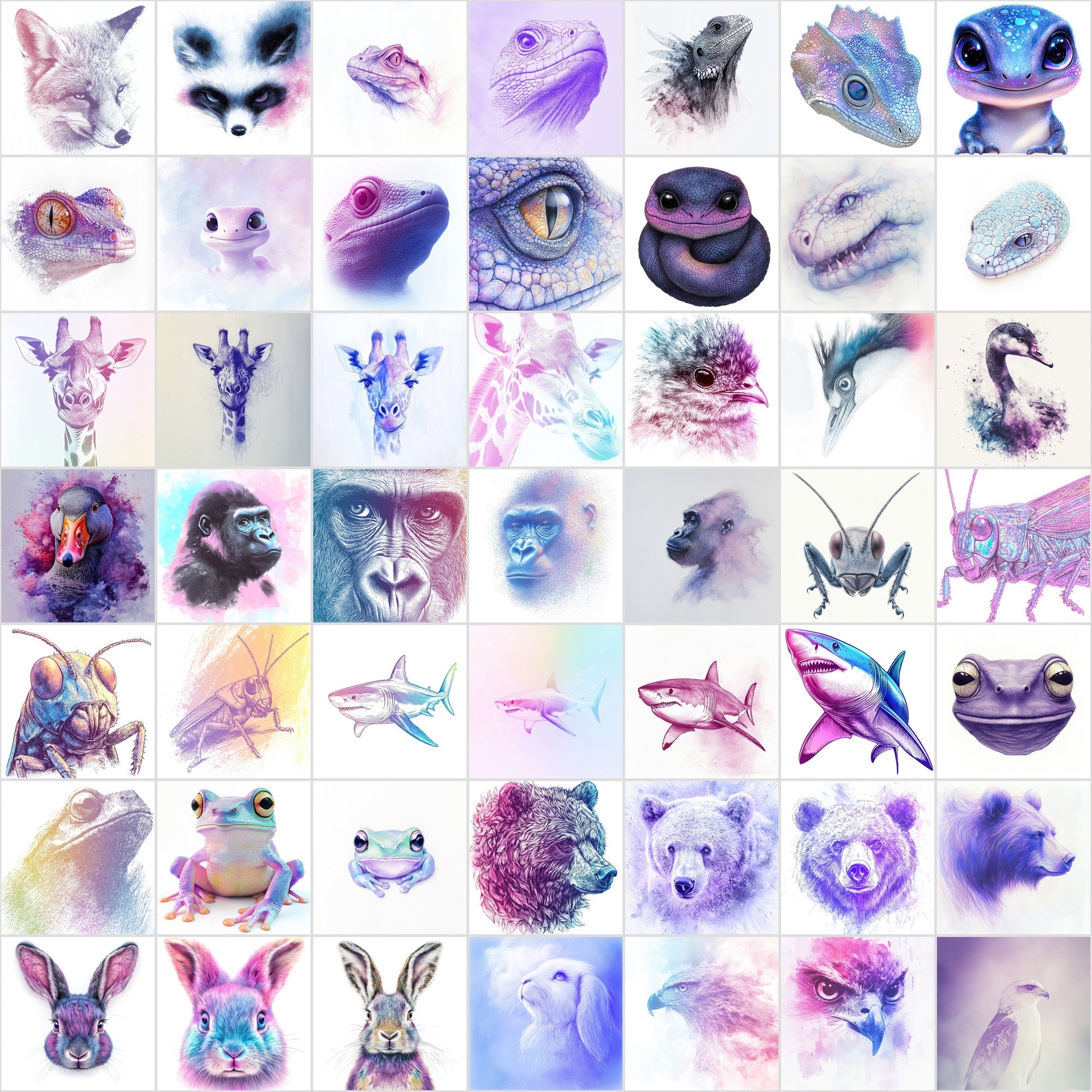 560 Dreamy Animal Face Illustrations Bundle | Charcoal Art with Pastel Backgrounds