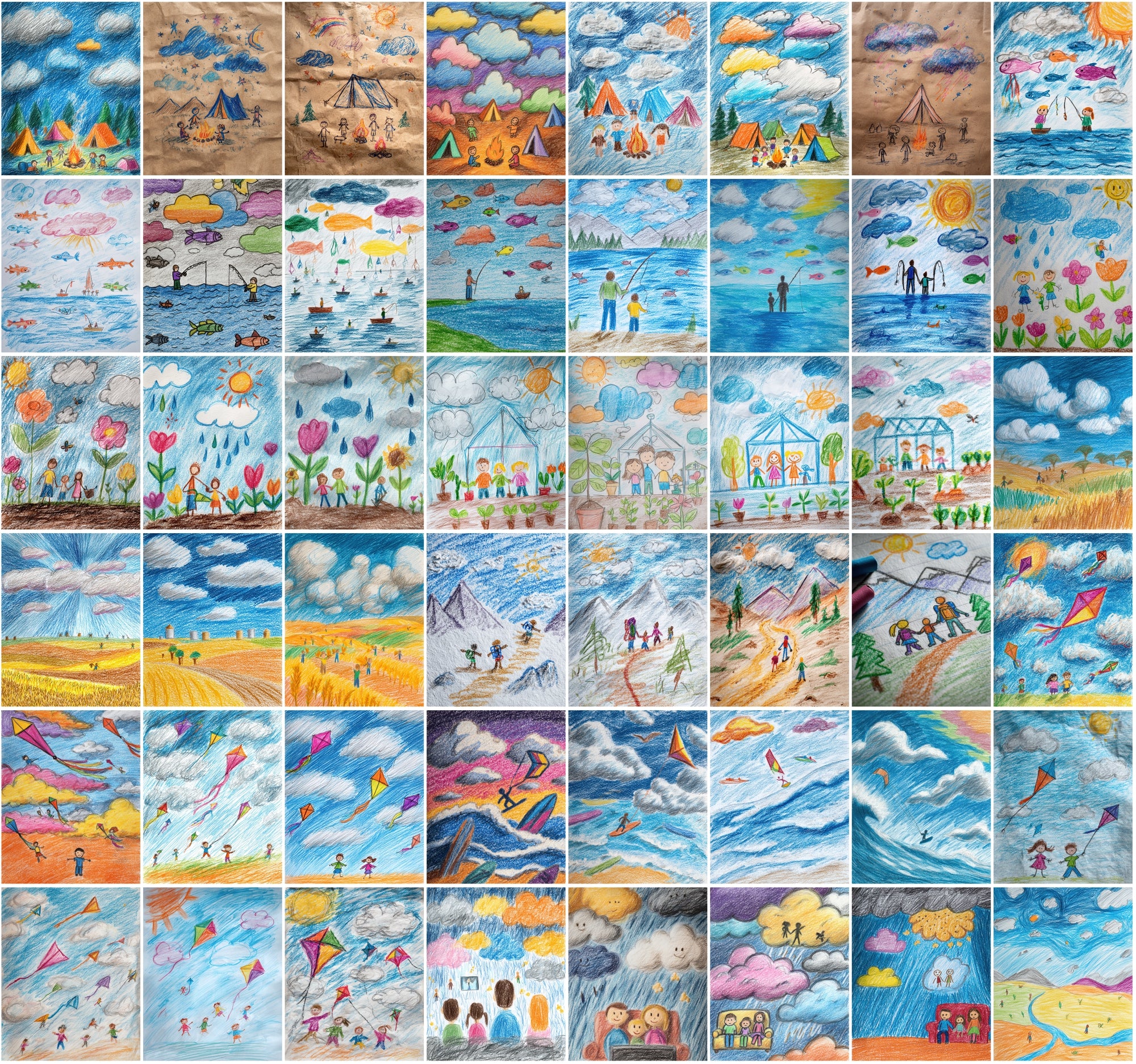 560 Kids Crayon Drawing Illustrations – Whimsical Weather-Themed JPG Art with Commercial License