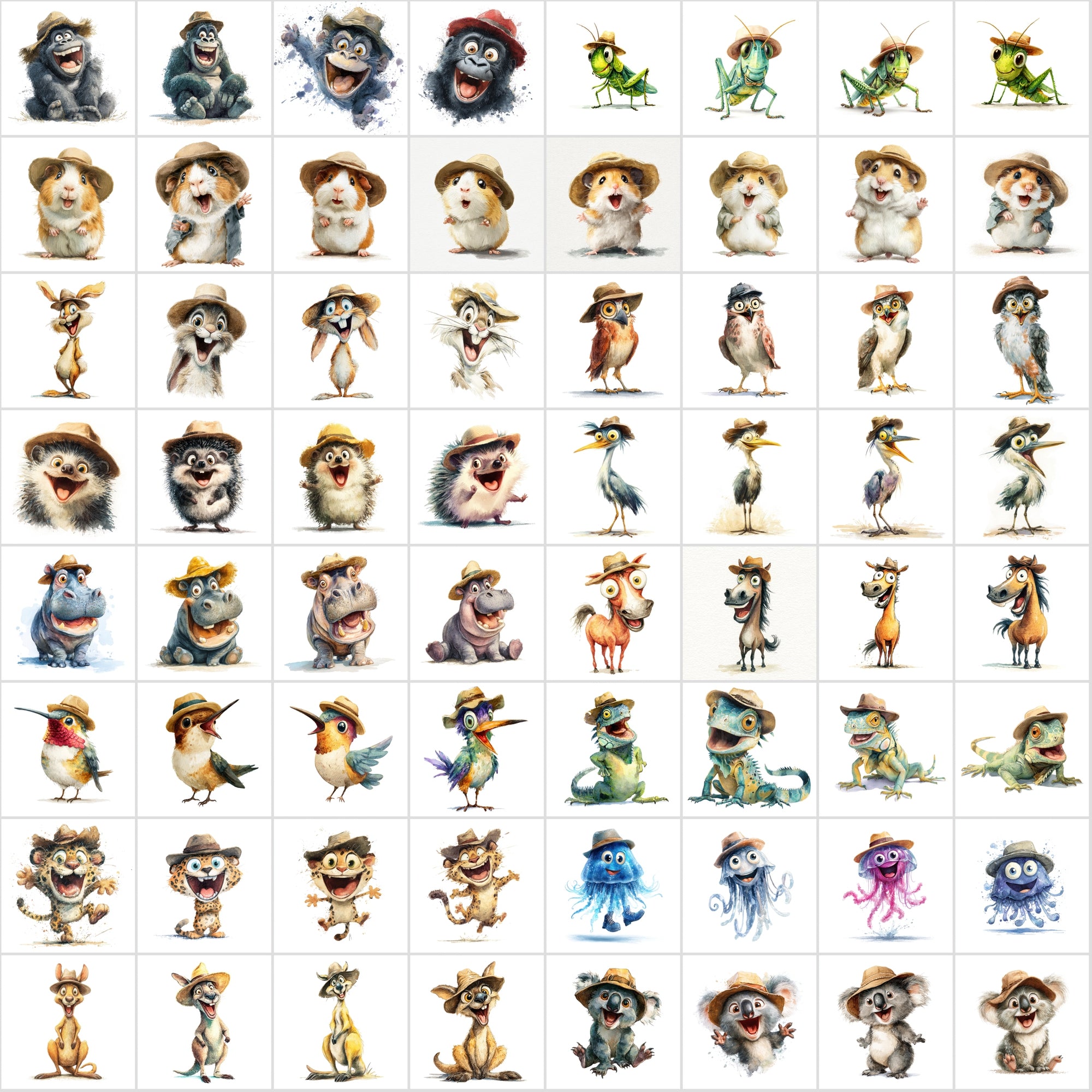 610 Funny Animals with Hats – Cartoon Watercolor Animal Clipart Bundle
