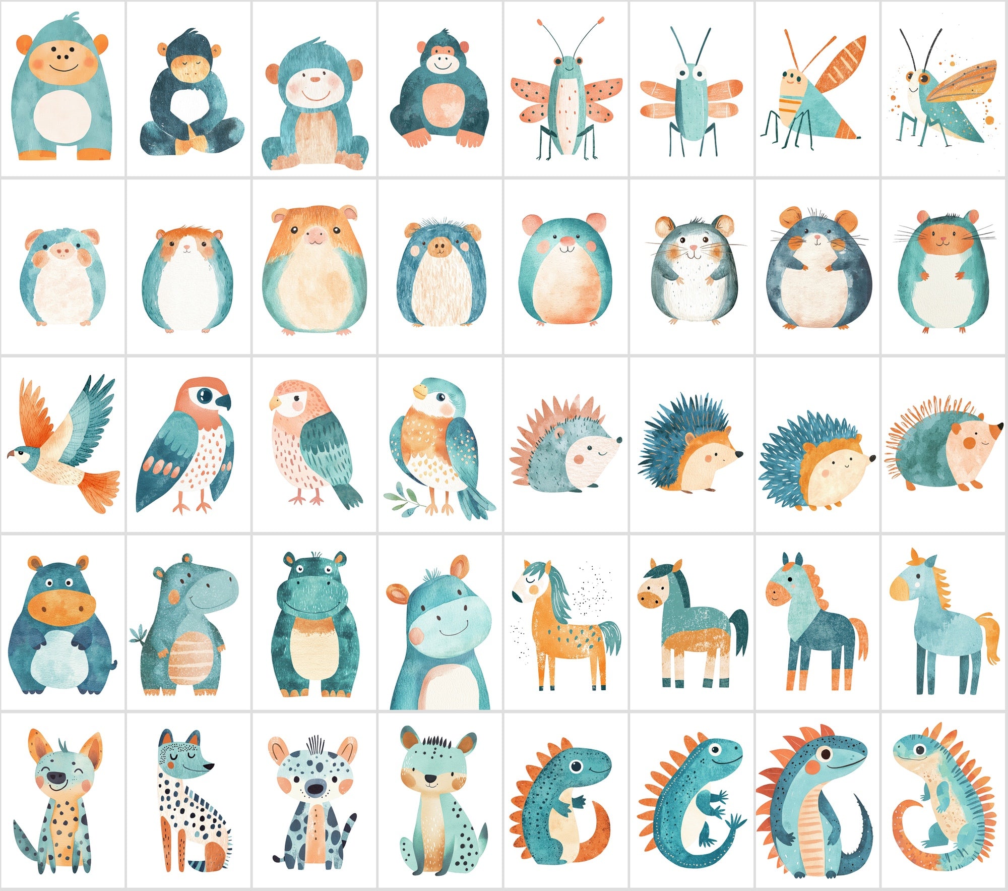 400 Teal & Orange Minimalist Animal Illustrations | Commercial License