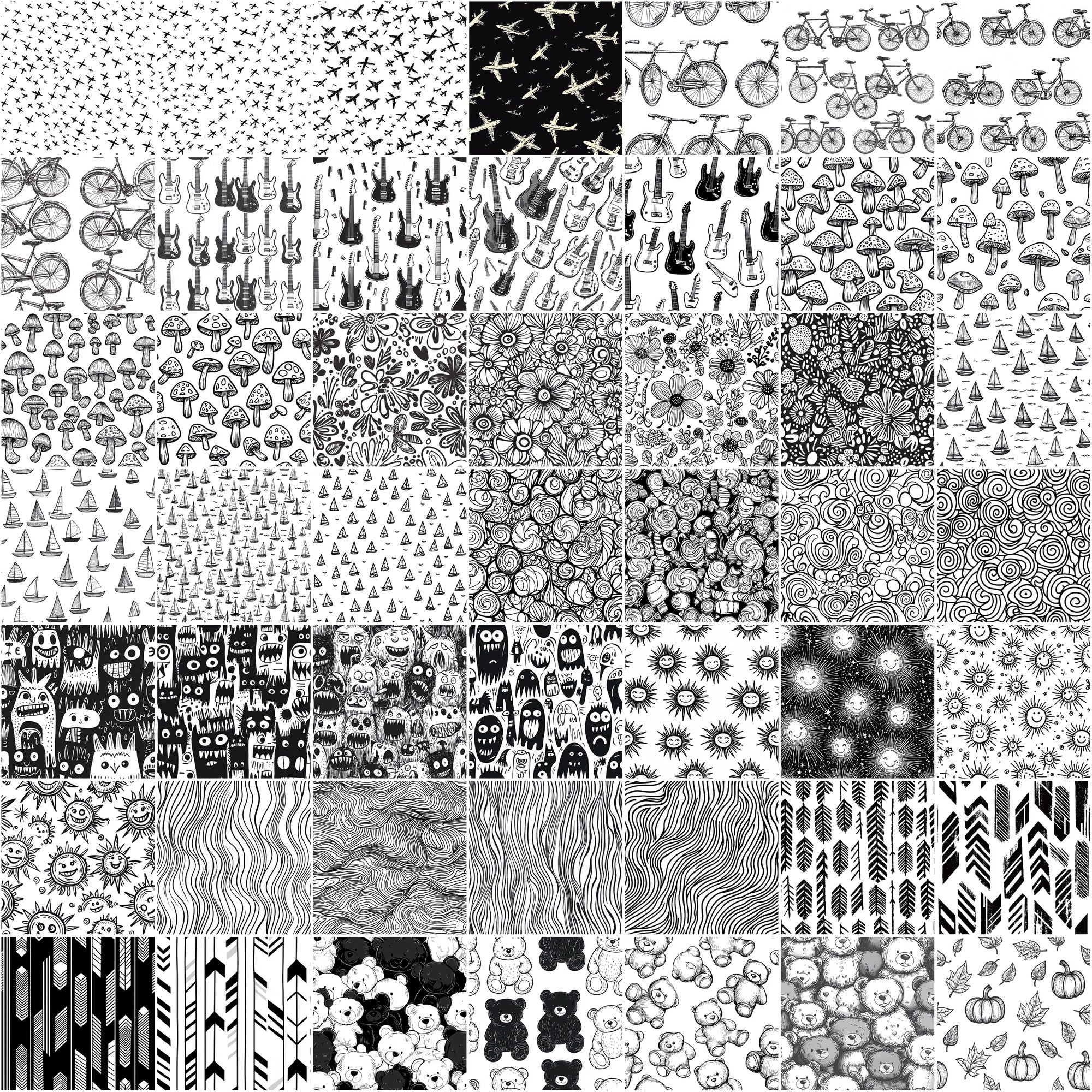 555 Black & White Seamless Patterns | Hand-Drawn Doodles, Geometric & Cute Designs