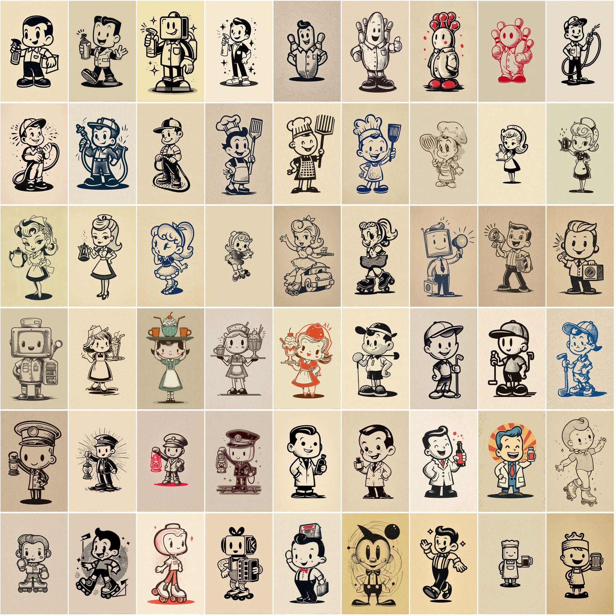 580 Retro Cartoon Mascots – Vintage 1950s-Inspired Clipart for T-Shirts & Crafts