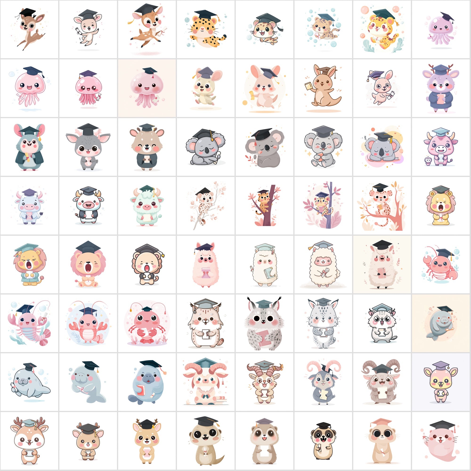 610 Kawaii Graduation Animal Clipart – High-Res JPGs | Commercial Use
