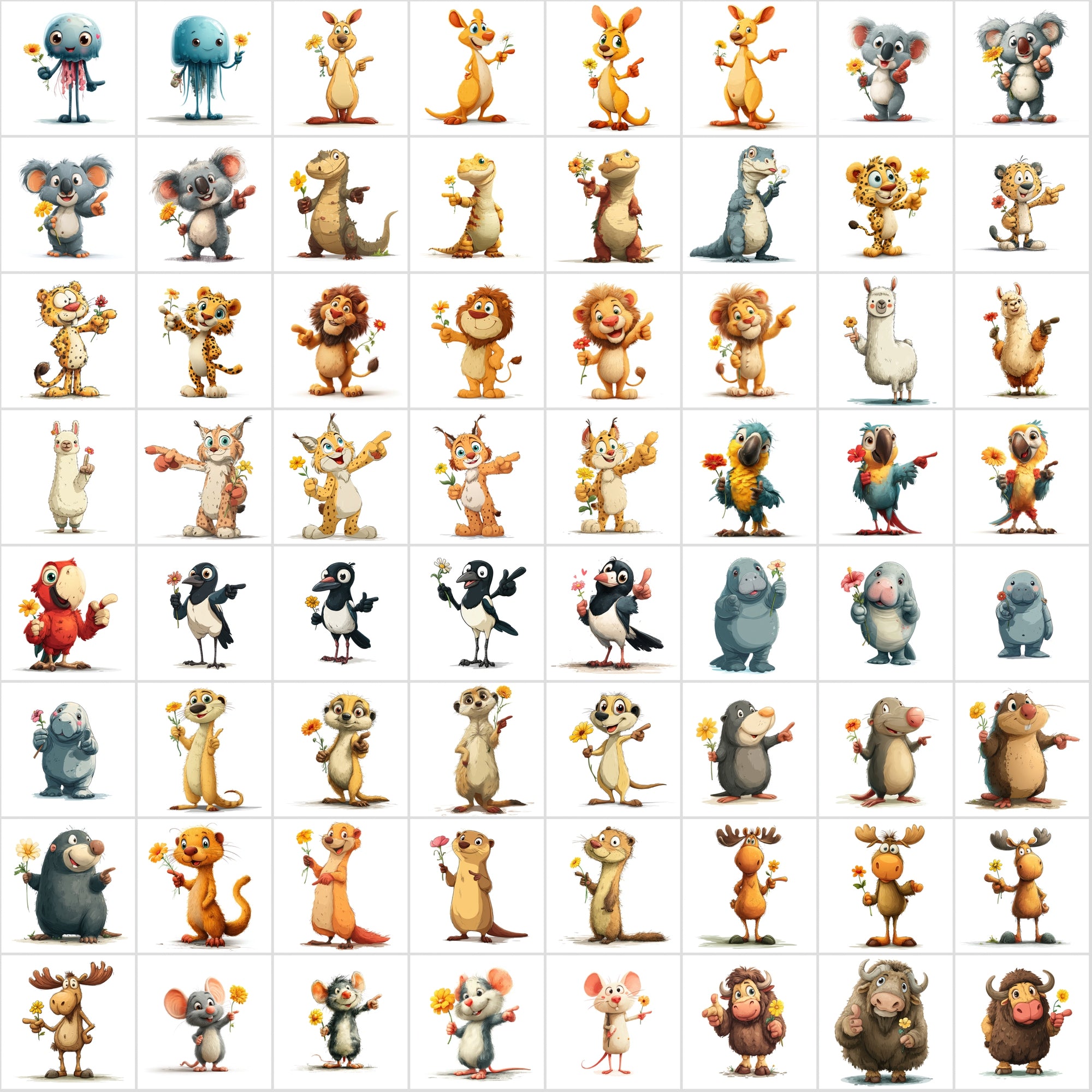 590 Cute Animals Holding Flowers | Cartoon Animal Clipart