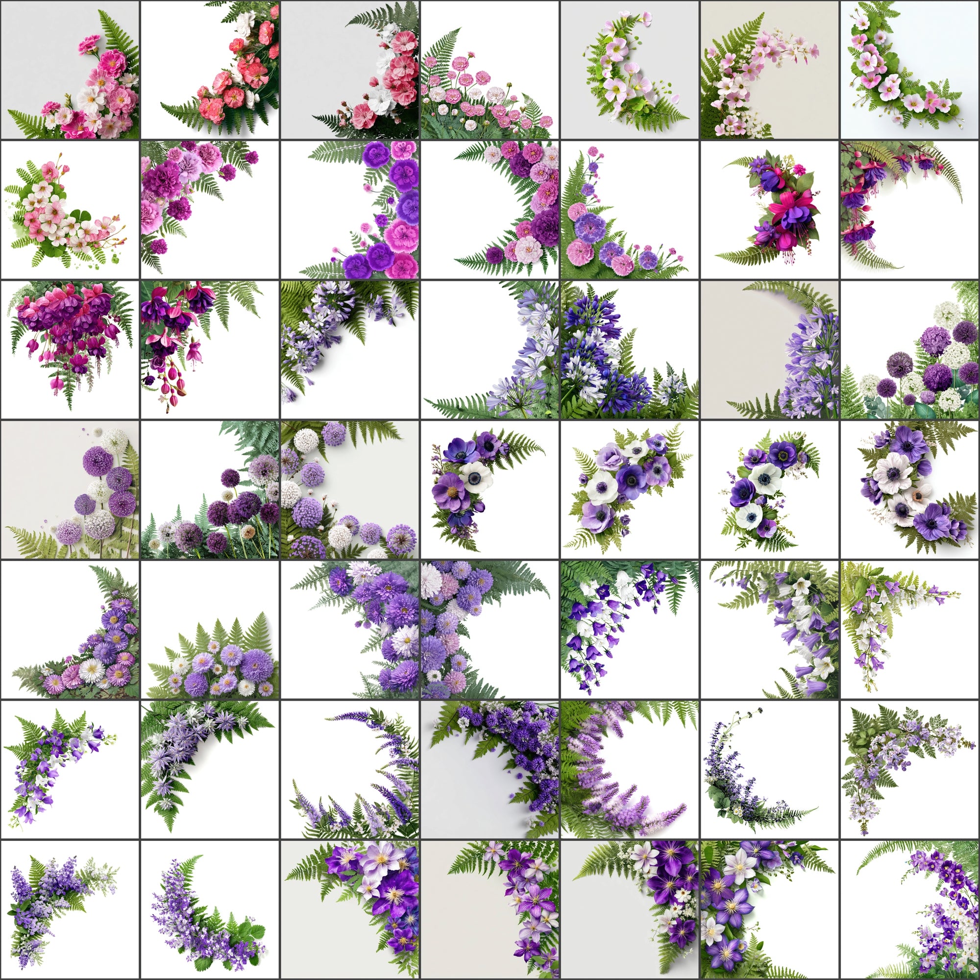 520 Floral Images Bundle | Flower Semicircle Arrangements with Ferns