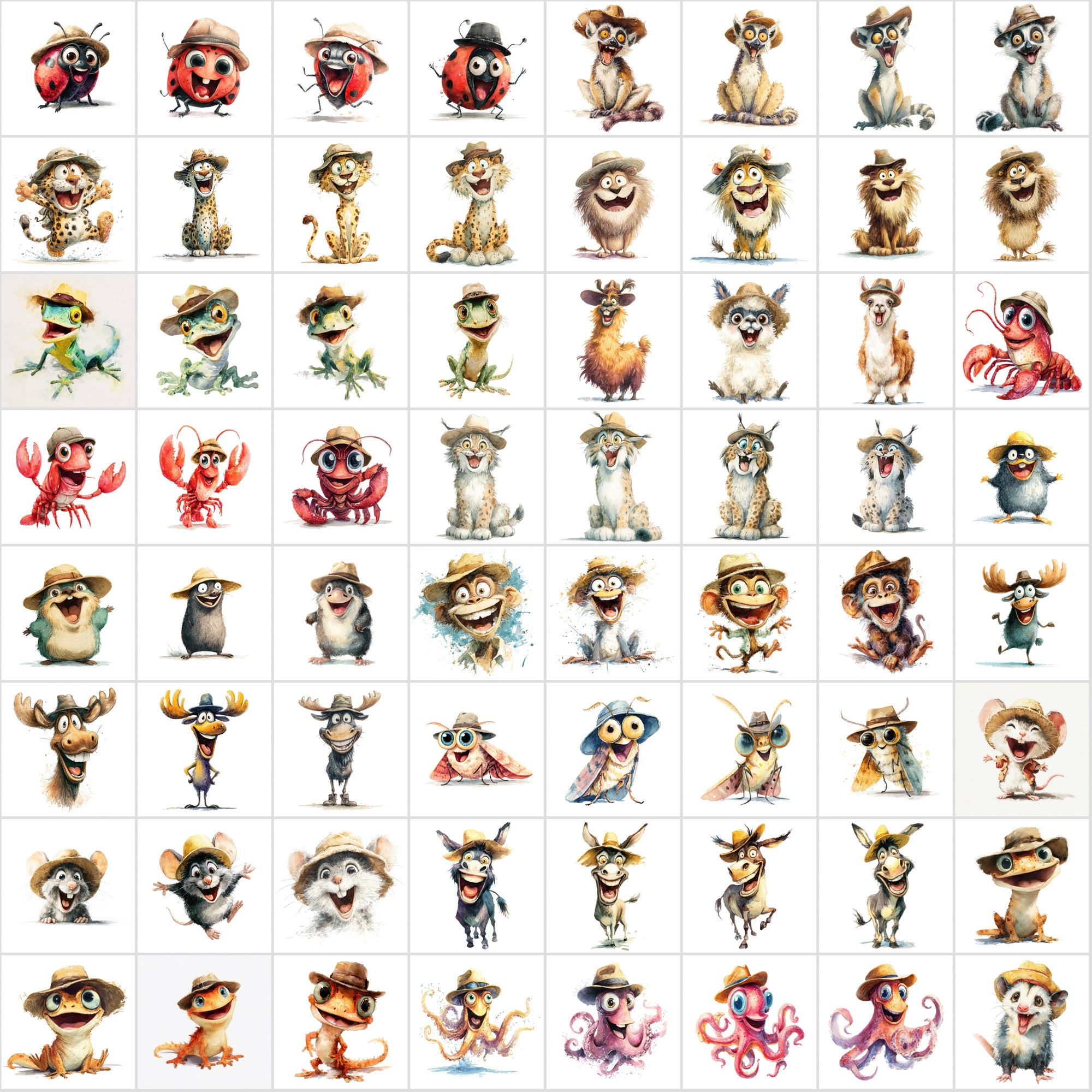 610 Funny Animals with Hats – Cartoon Watercolor Animal Clipart Bundle