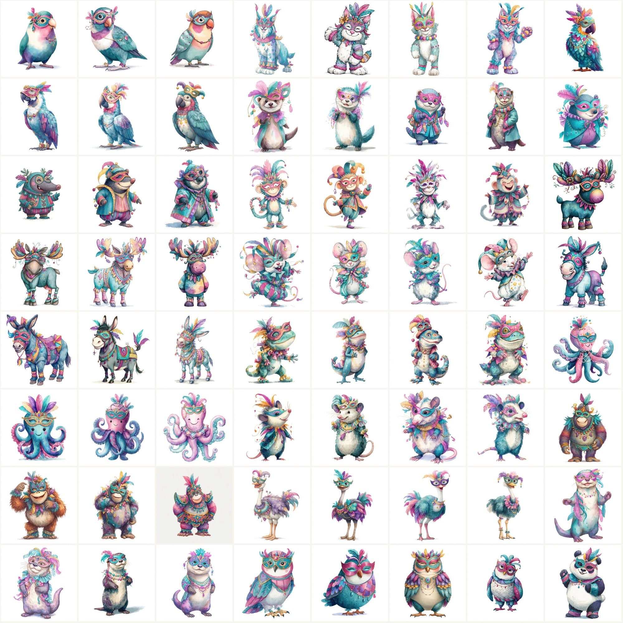 589 Festive Masquerade Animal Clipart – High-Res Watercolor JPGs with Commercial License