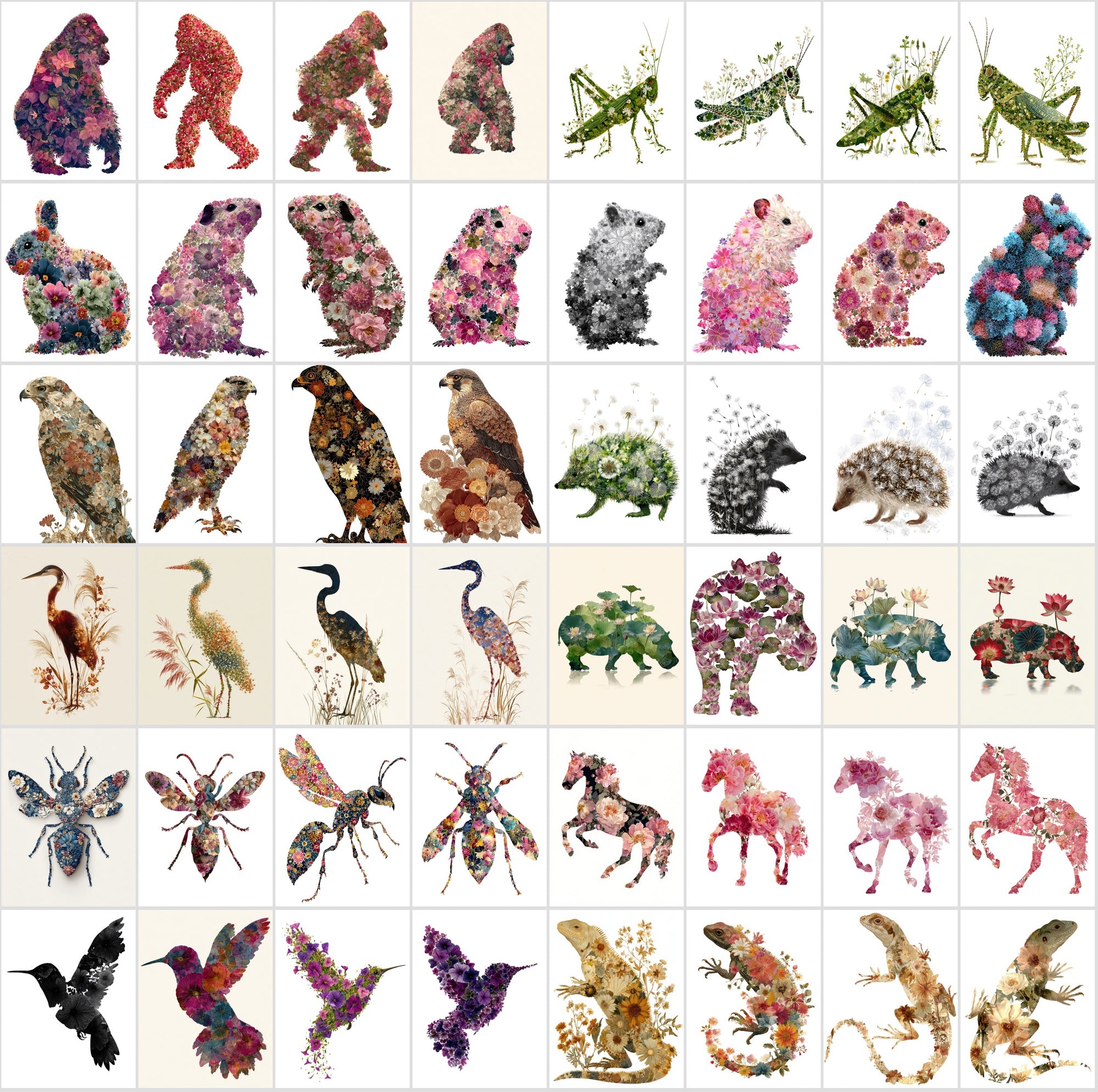 610 Floral Animal Silhouette Images – Vintage Flower Art, Commercial License