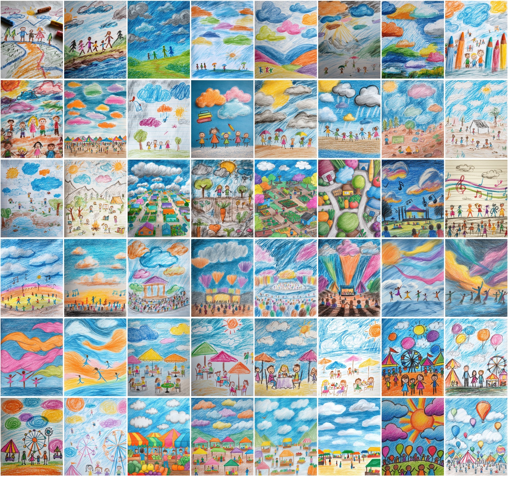 560 Kids Crayon Drawing Illustrations – Whimsical Weather-Themed JPG Art with Commercial License