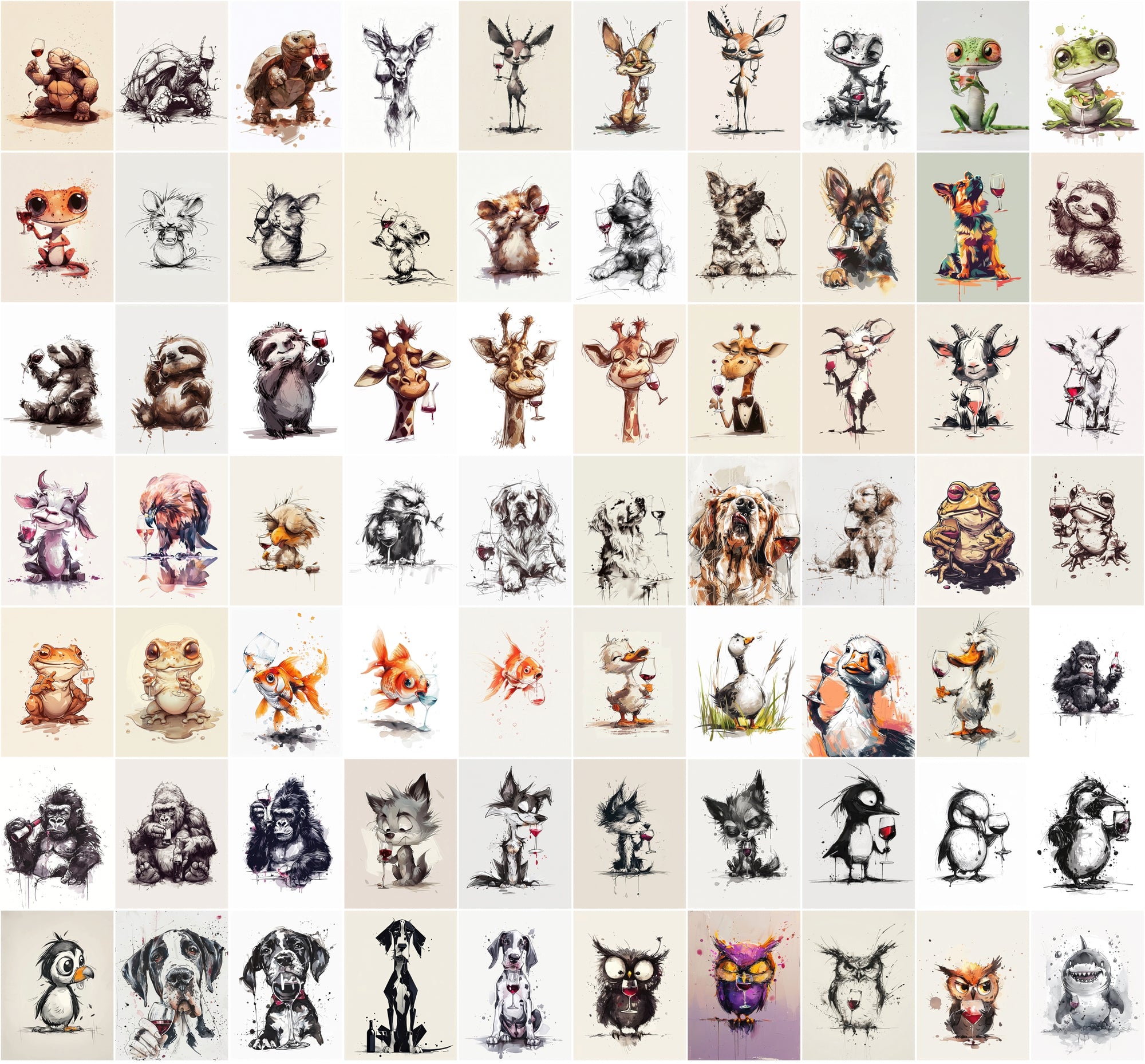 980 Unique Animal Wine Art Images | Commercial Use | Perfect for Postcards & Party Decor