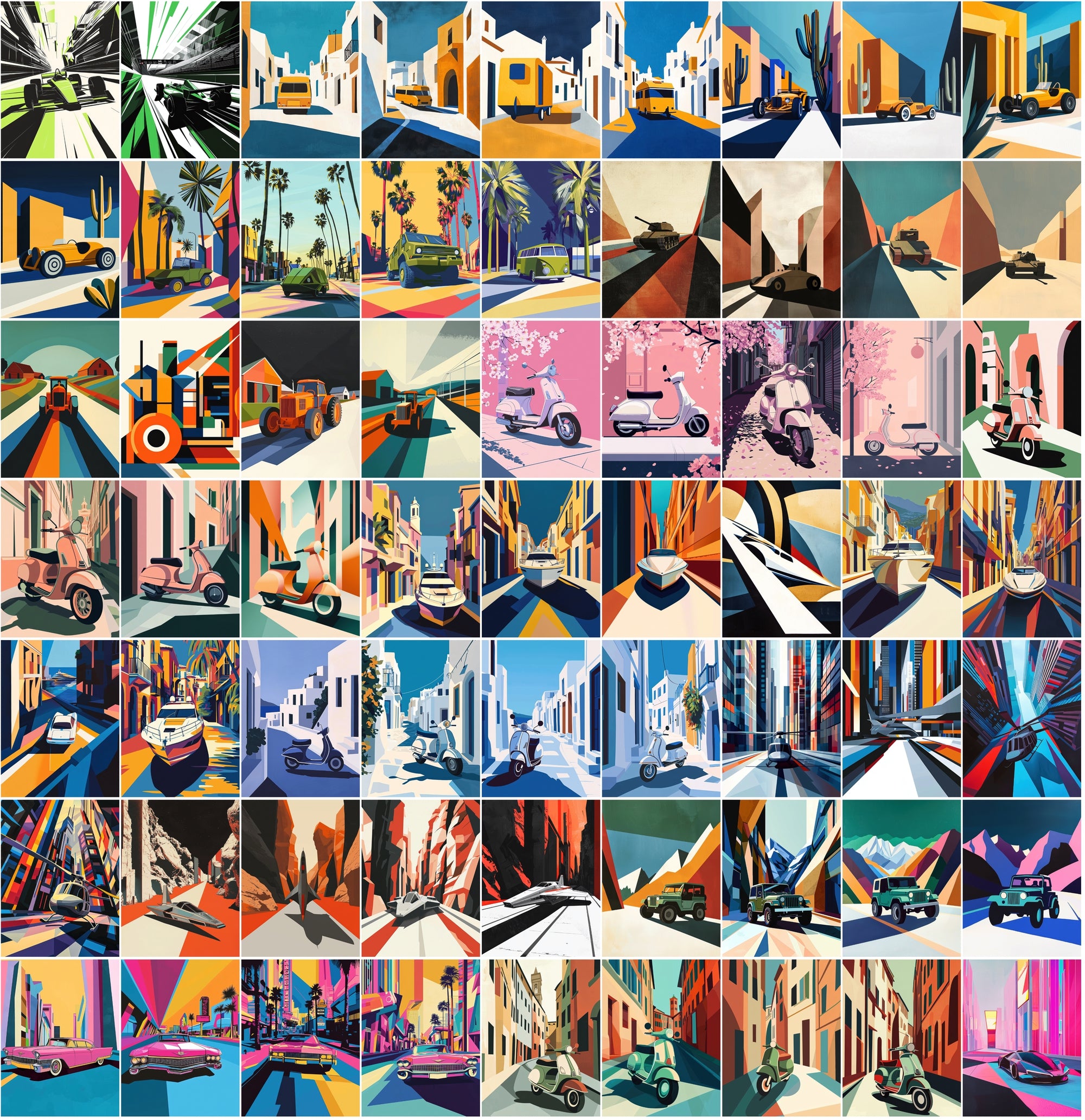 555 Bauhaus Vehicle Illustrations Bundle | City Transport Art | Geometric Digital Wall Art