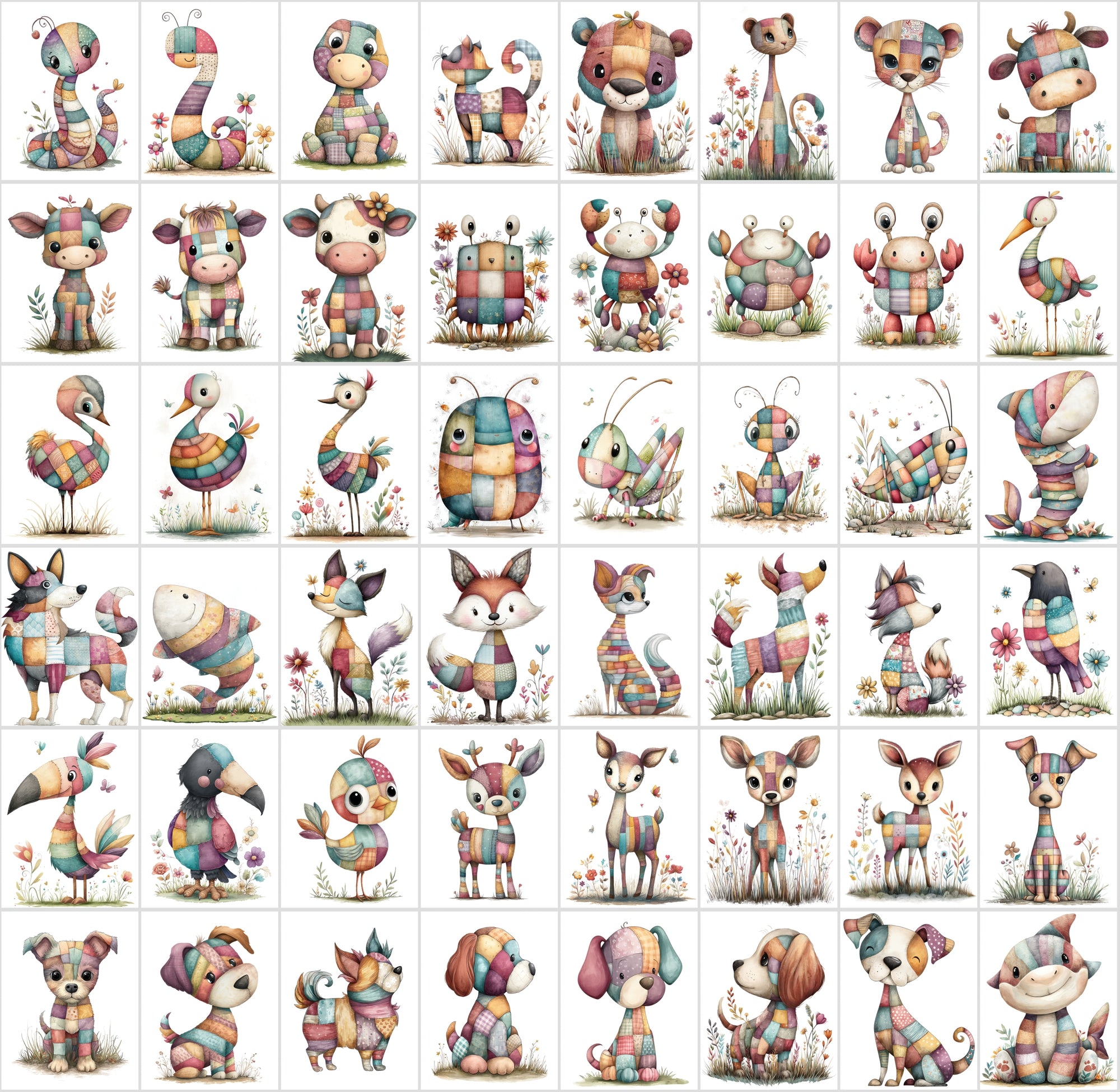 1090 Patchwork Animal Clipart Bundle – Cute Kids Book Style Animals