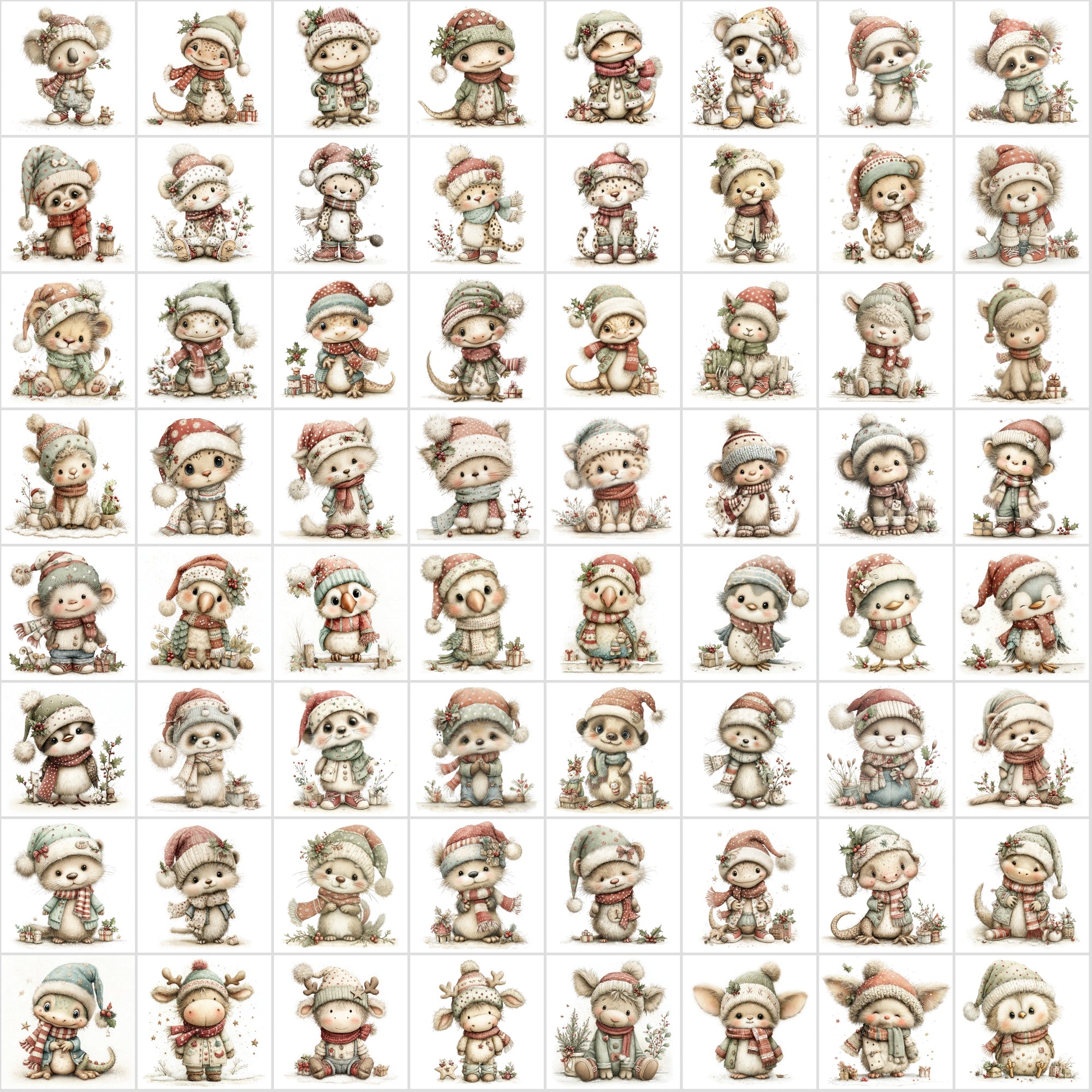 630 Baby Christmas Animal Clipart – Cute Winter Wildlife with Santa Hats & Scarves, Holiday Baby Animals, High-Resolution JPGs
