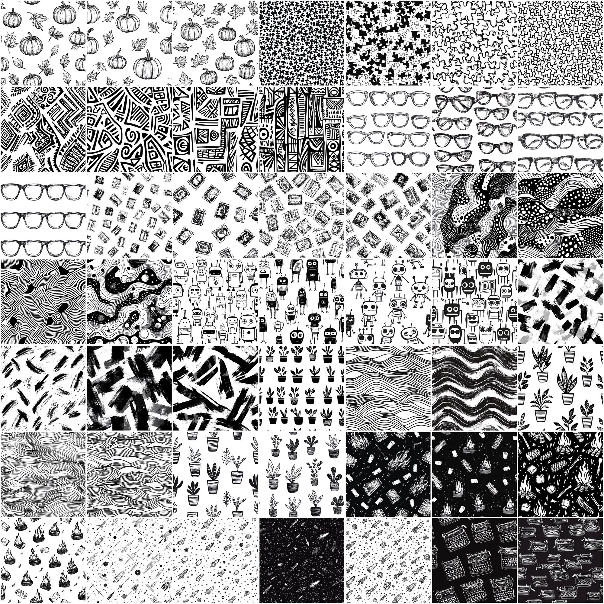 555 Black & White Seamless Patterns | Hand-Drawn Doodles, Geometric & Cute Designs