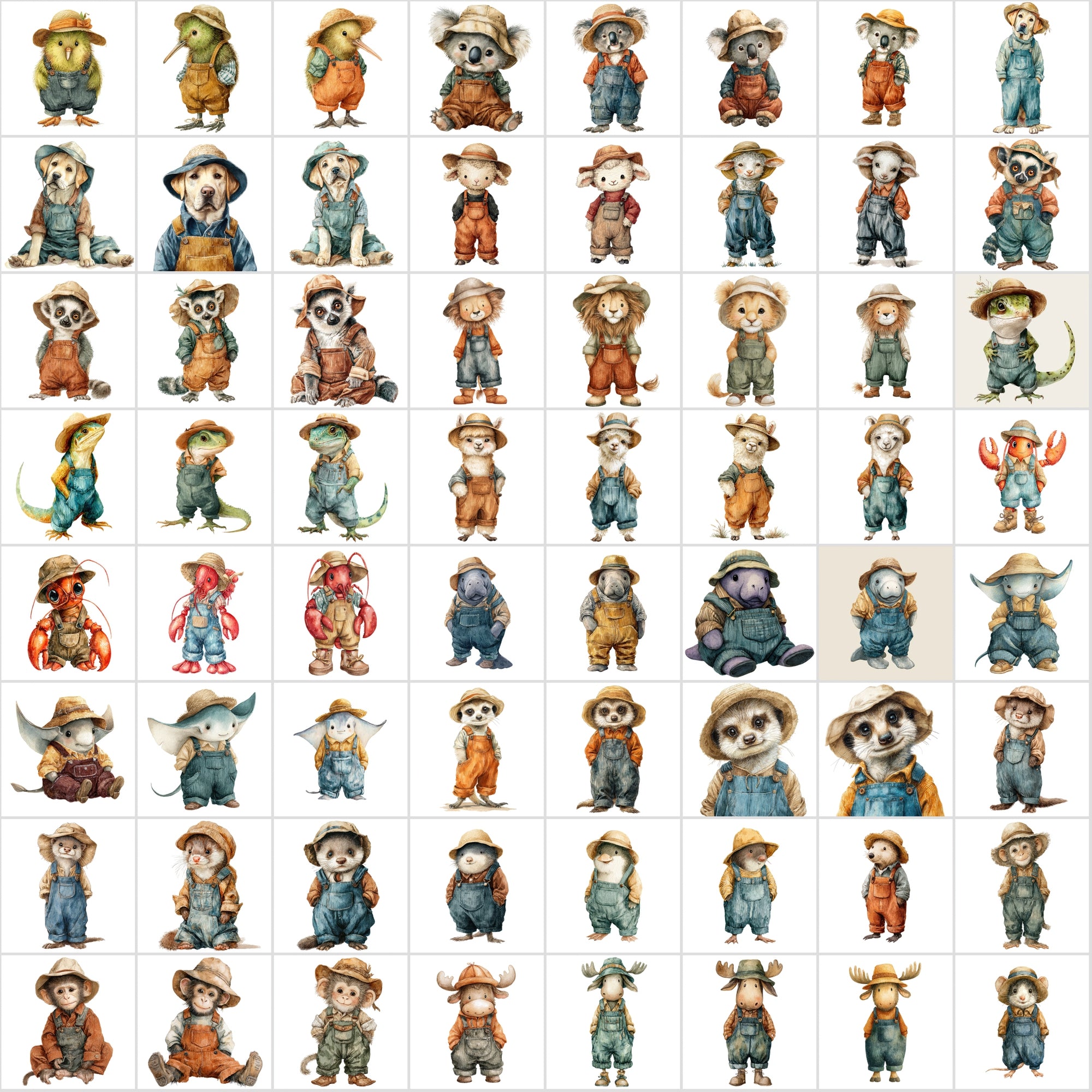 650 Cute Watercolor Animal Clipart – Adorable Animals in Corduroy Overalls & Hats