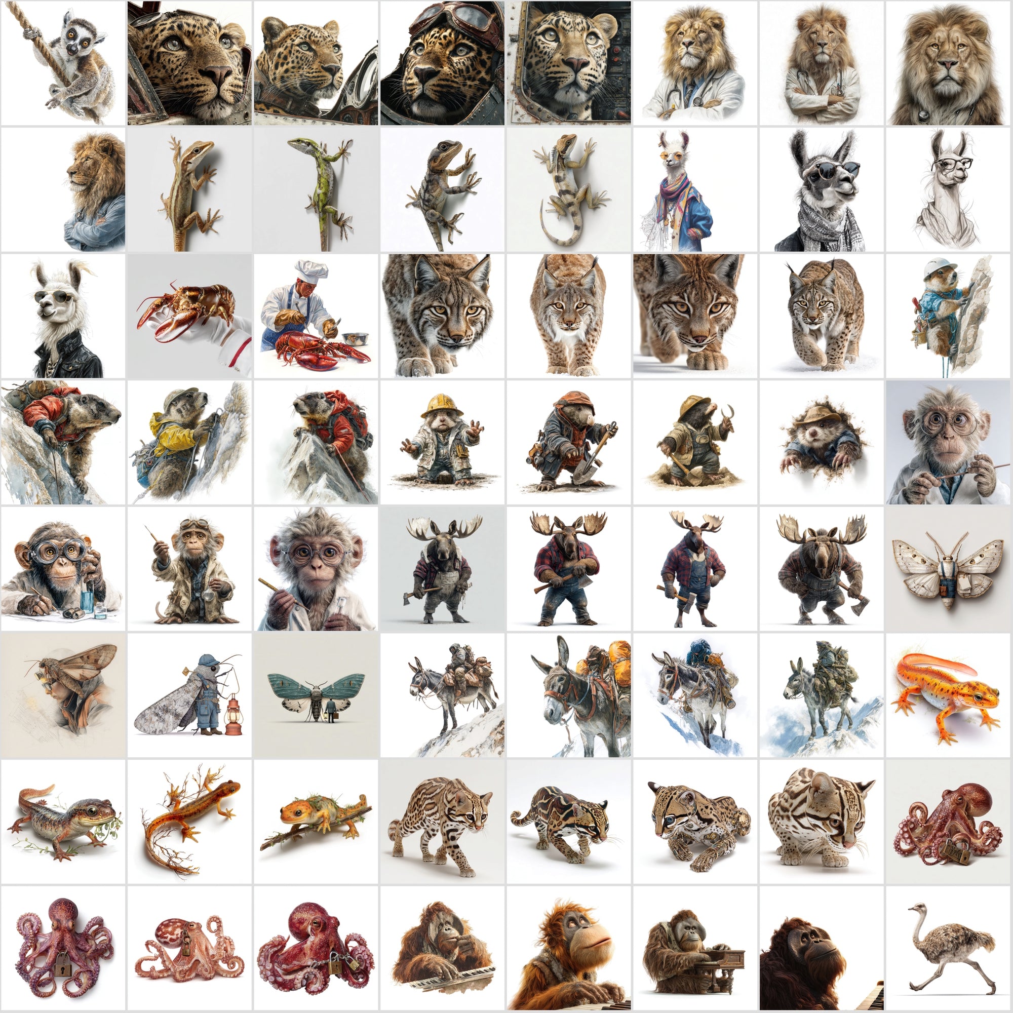 570 Realistic Animal Illustrations in Unique Professions