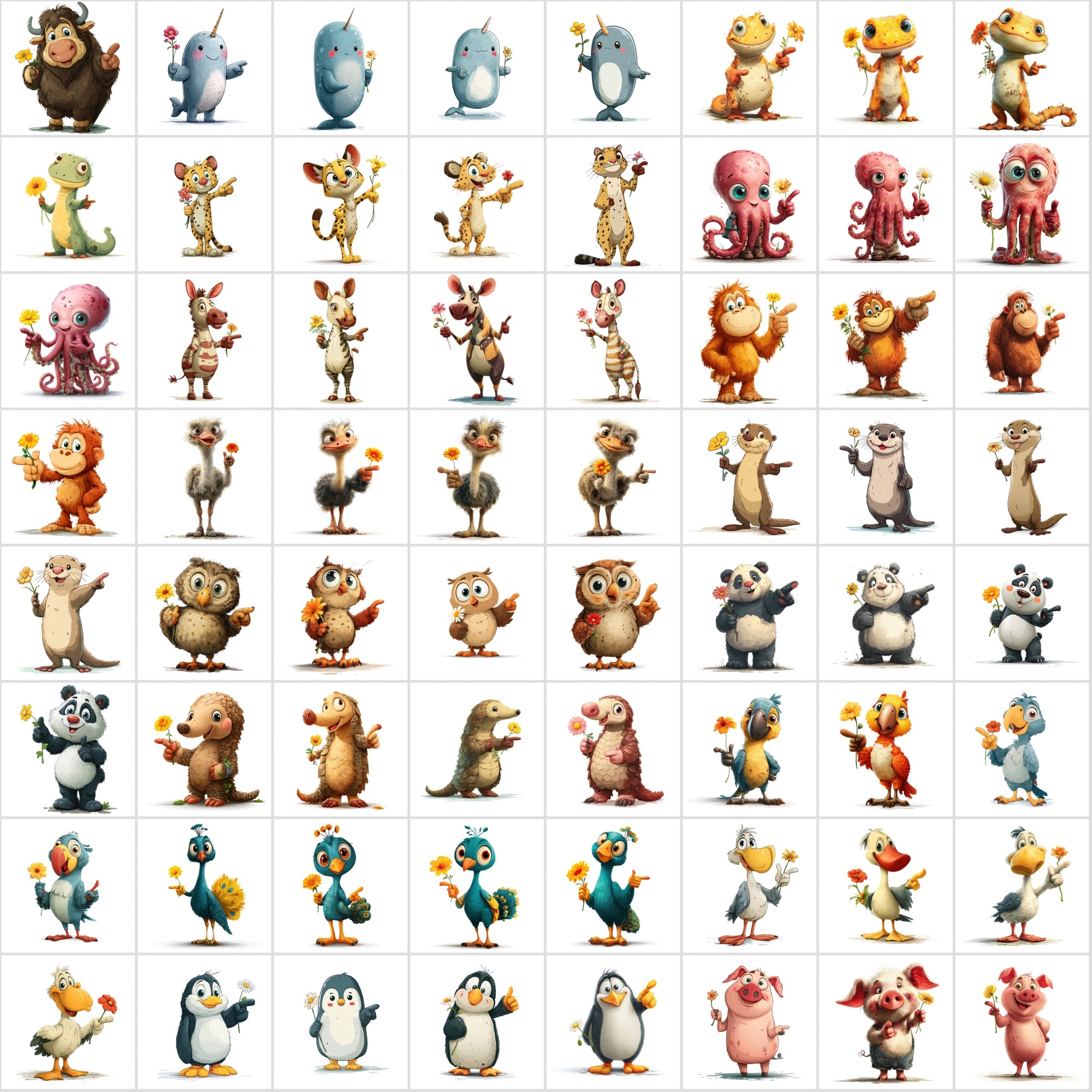 590 Cute Animals Holding Flowers | Cartoon Animal Clipart