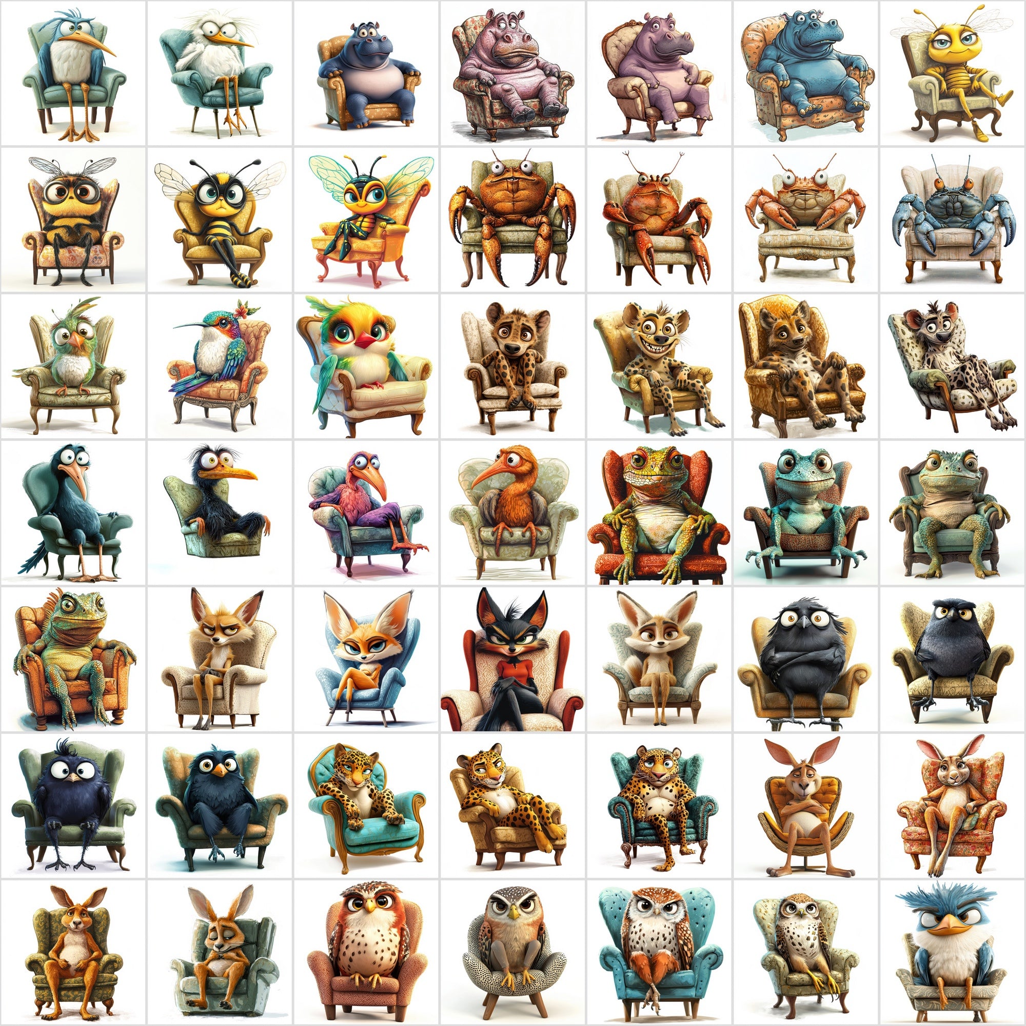 600 Fun Animal Illustrations Sitting on Armchairs