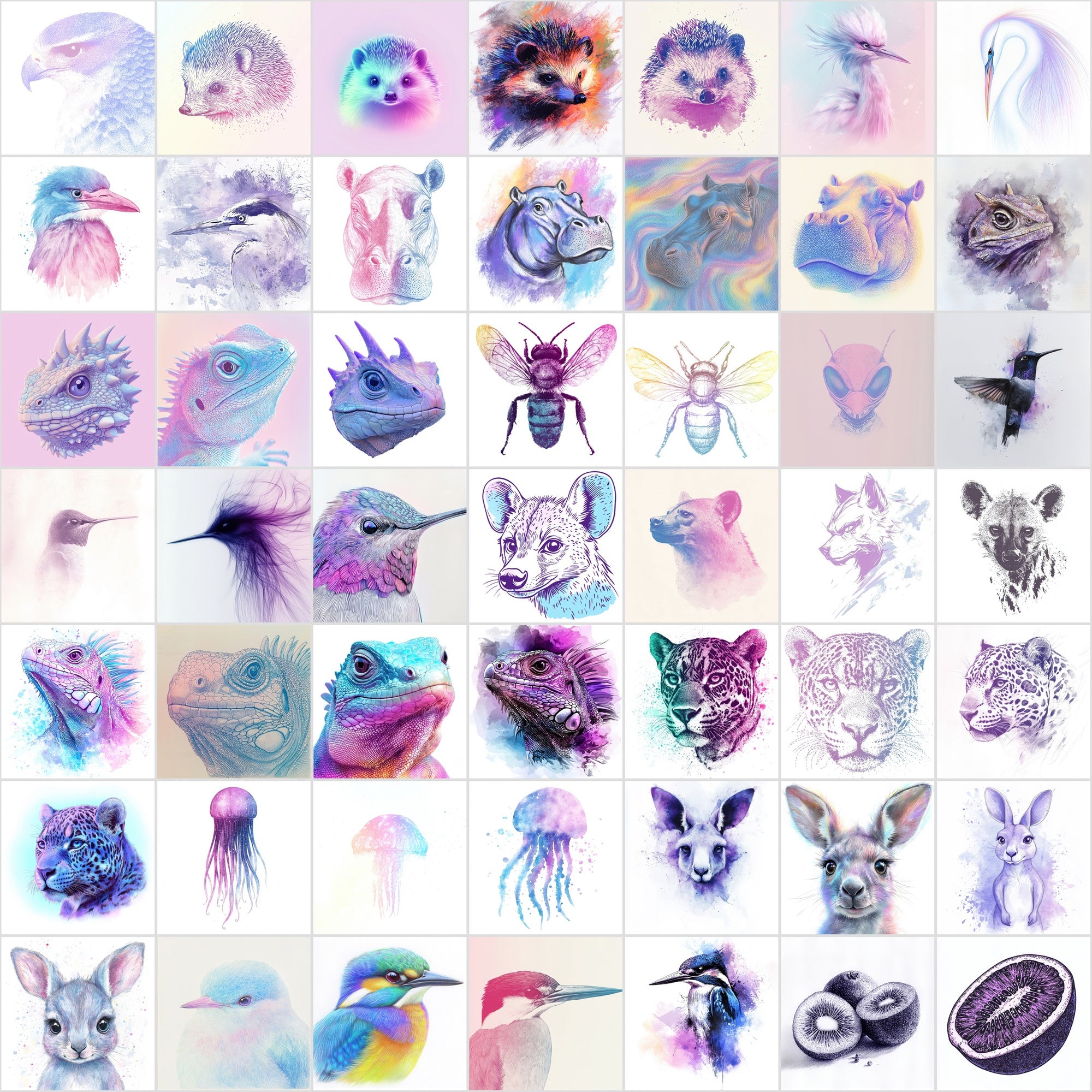560 Dreamy Animal Face Illustrations Bundle | Charcoal Art with Pastel Backgrounds