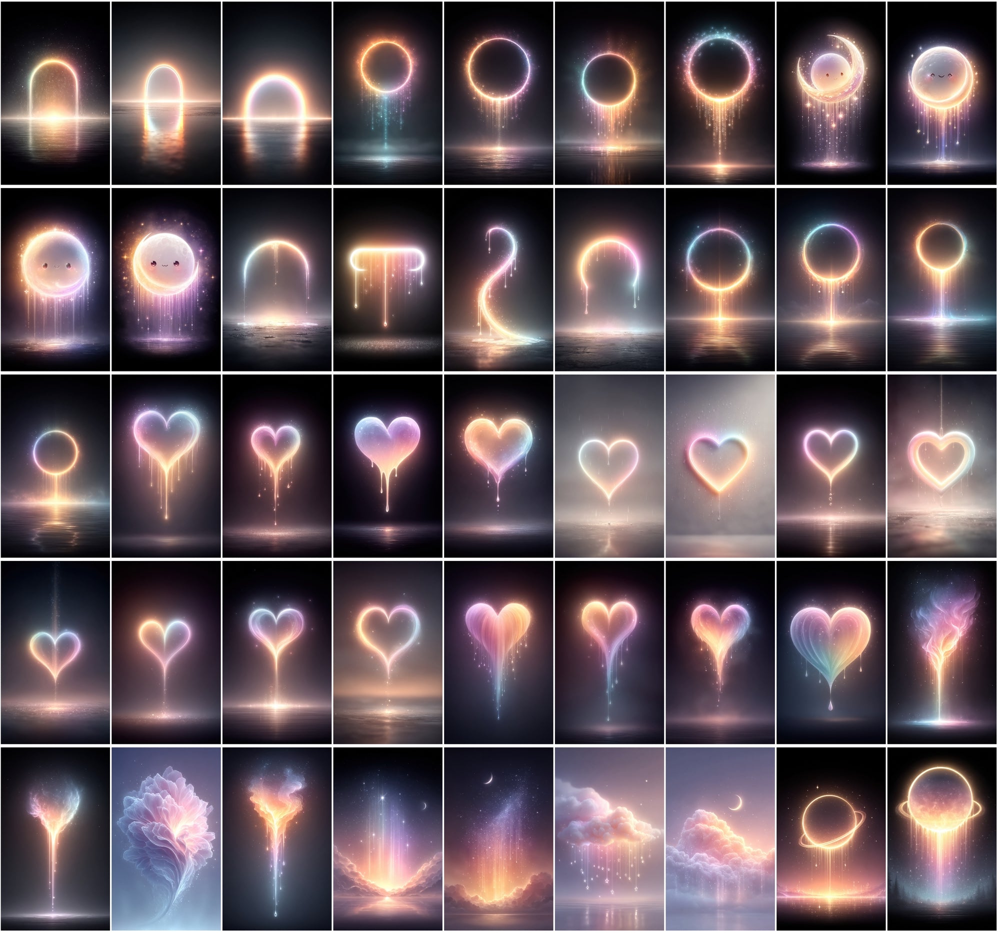 620 Glowing Rainbow Neon Images | Luminous Cosmic Art | Sparkling Dripping Stars, Moons, Clouds & Hearts