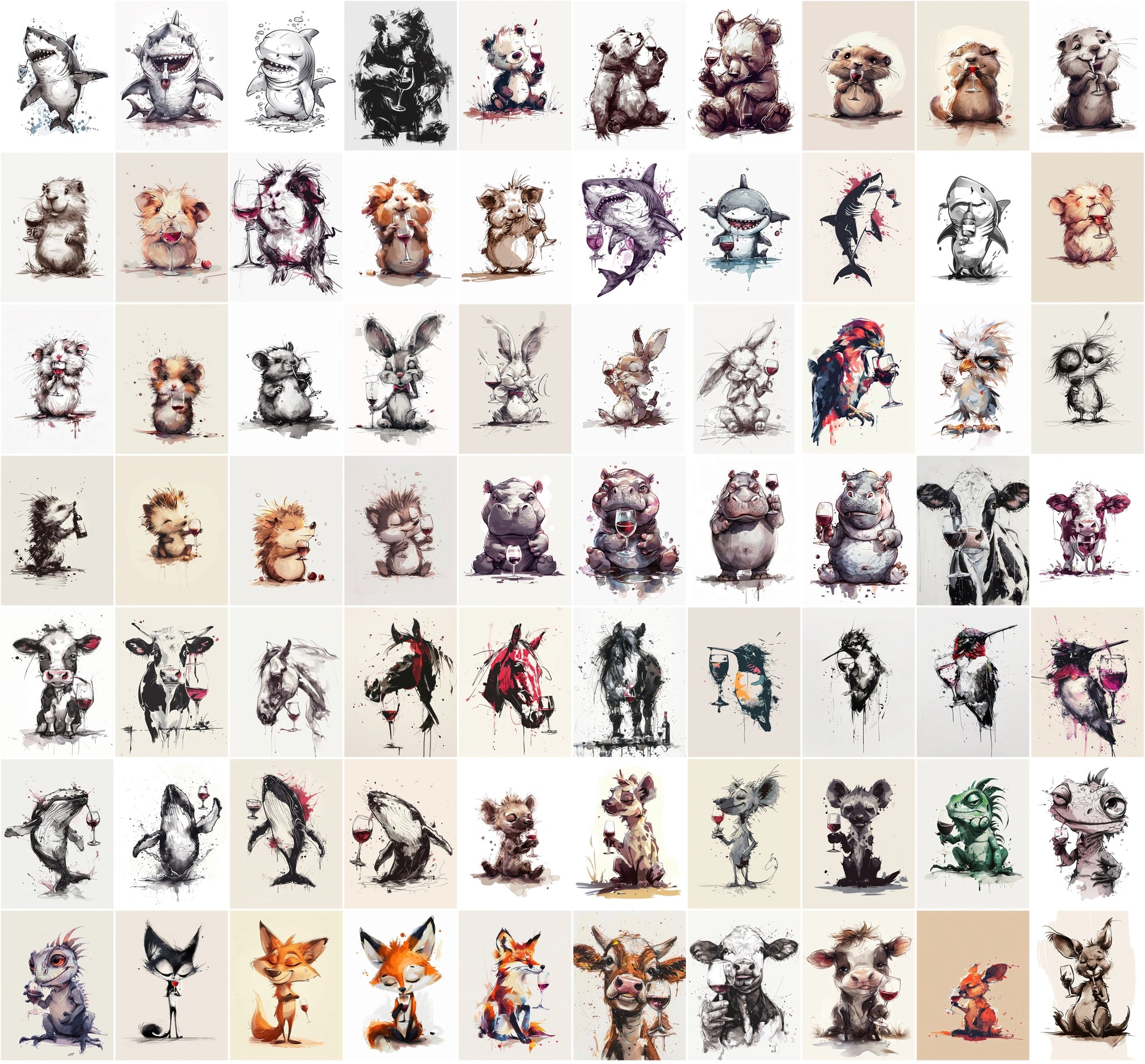 980 Unique Animal Wine Art Images | Commercial Use | Perfect for Postcards & Party Decor