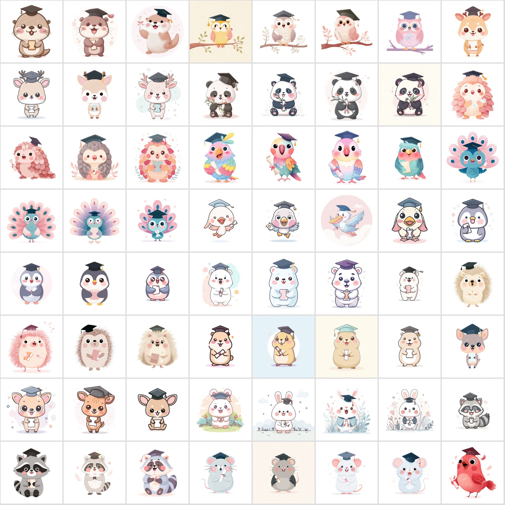 610 Kawaii Graduation Animal Clipart – High-Res JPGs | Commercial Use