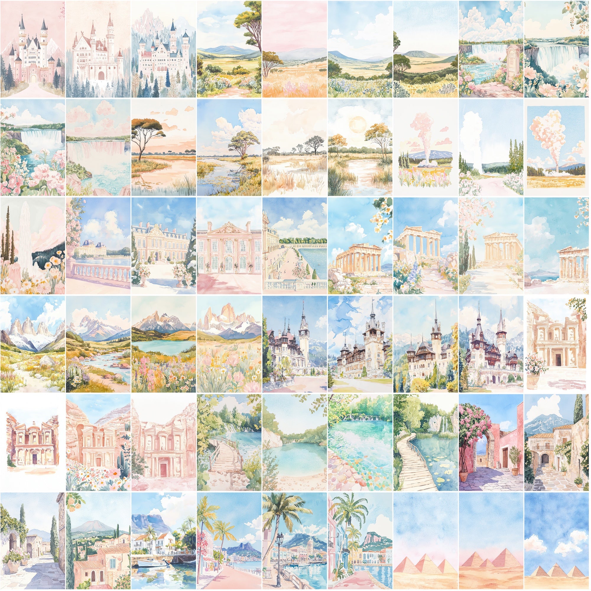 520 Gouache World Landmarks Illustrations | Pastel Color Travel Art