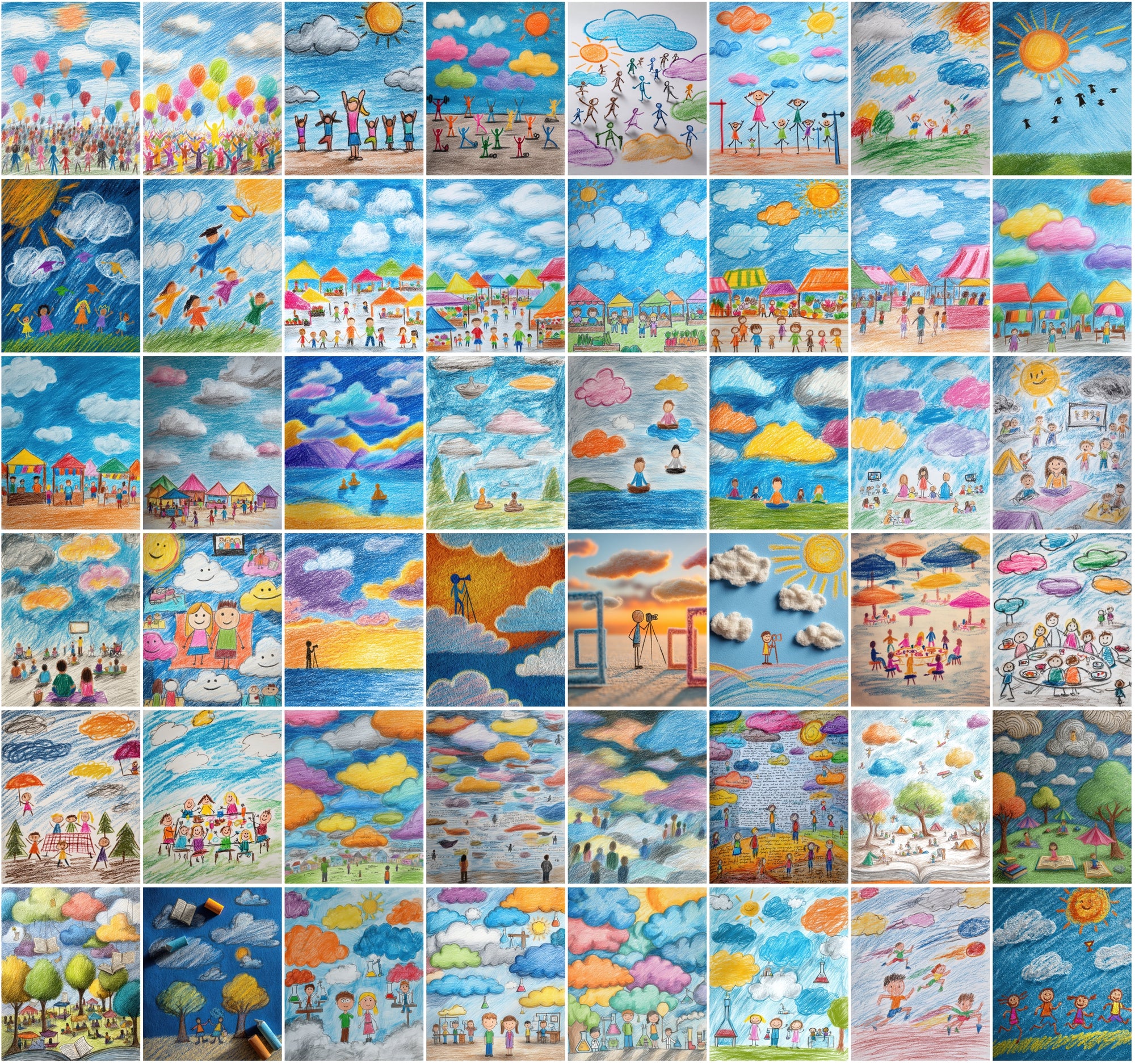 560 Kids Crayon Drawing Illustrations – Whimsical Weather-Themed JPG Art with Commercial License