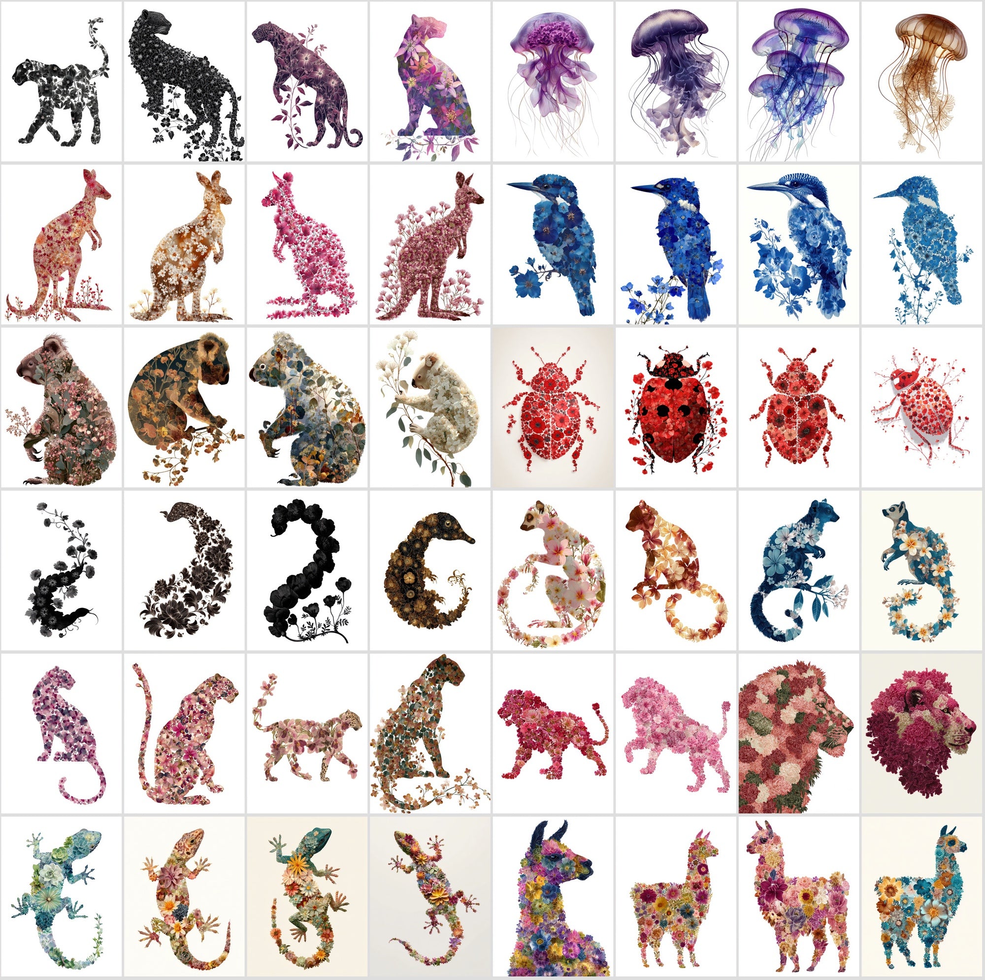 610 Floral Animal Silhouette Images – Vintage Flower Art, Commercial License